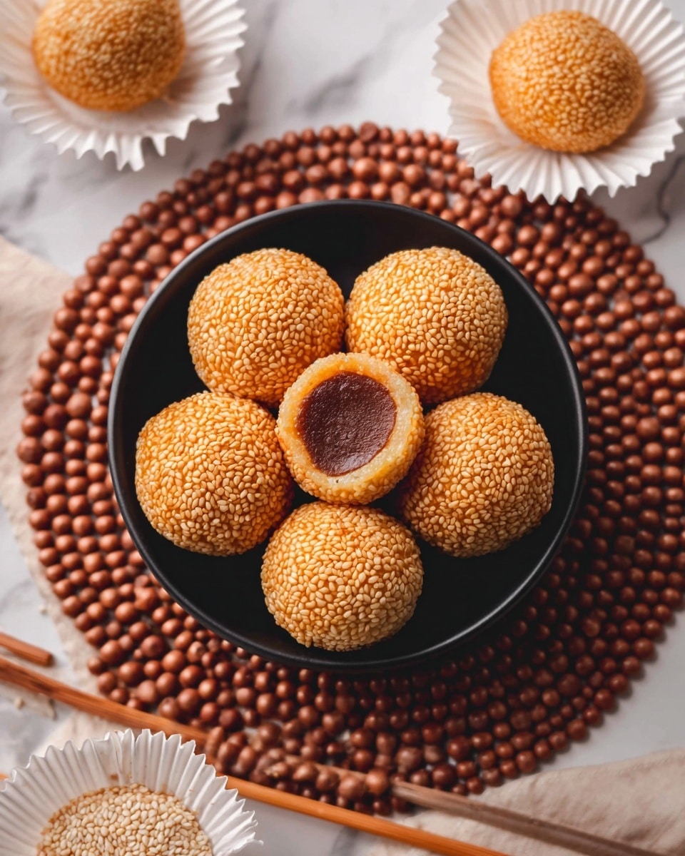 Five round golden brown sesame balls with a crunchy texture are arranged in a flower shape inside a black bowl. The center sesame ball is cut open to show a smooth, dark brown filling. The bowl is placed on a white marbled surface covered with a decorative mat made of small, round brown beads. Around the bowl, there are two sesame balls in white paper cups and a small white bowl filled with sesame seeds. A pair of light brown chopsticks lies beside the bowl on the white marbled surface. photo taken with an iphone --ar 4:5 --v 7