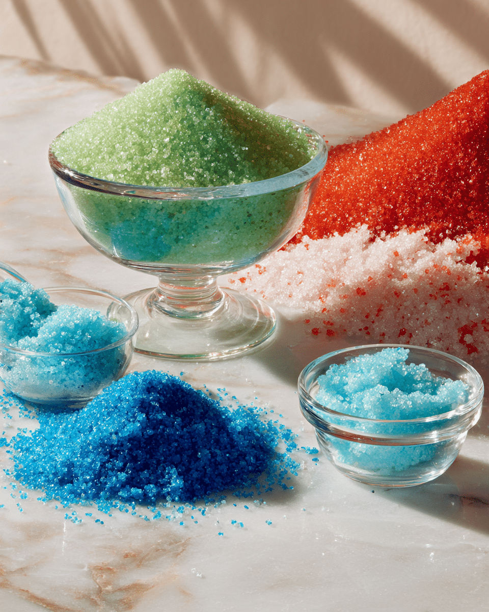 The image shows piles and bowls of colorful sugar crystals arranged on a white marbled surface. In front, there is a small pile of bright blue sugar with a fine texture, next to a mound of light turquoise sugar. Behind them, a larger clear glass bowl holds a mound of green sugar crystals, while another smaller glass bowl on the right contains blue sugar. In the background, a pile of red sugar is partially visible with some scattered around the base. The sugars have a sparkling, grainy look under soft light. Photo taken with an iphone --ar 4:5 --v 7