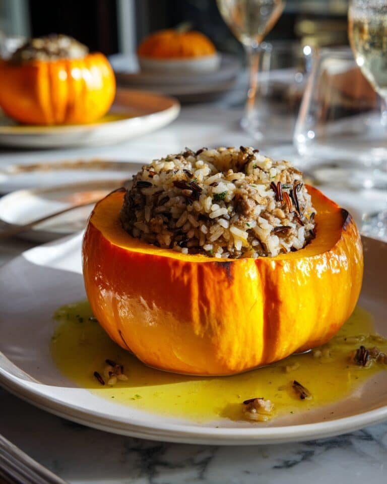Roasted Stuffed Pumpkin with Sausage, Wild Rice, Cranberries, and Pecans Recipe