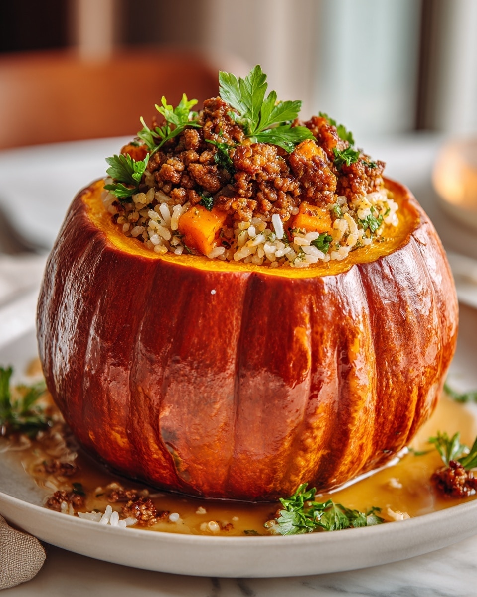 A whole roasted pumpkin with a shiny, deep orange skin is cut open to show a stuffing inside. The stuffing has layers of cooked rice mixed with small pieces of orange carrots and herbs, topped with browned, crispy chunks of ground meat and fresh green parsley leaves. The pumpkin sits on a smooth white plate with some rice and sauce dripping onto the plate. The background is softly blurred with a warm indoor setting and the surface under the plate is a white marbled texture. photo taken with an iphone --ar 4:5 --v 7