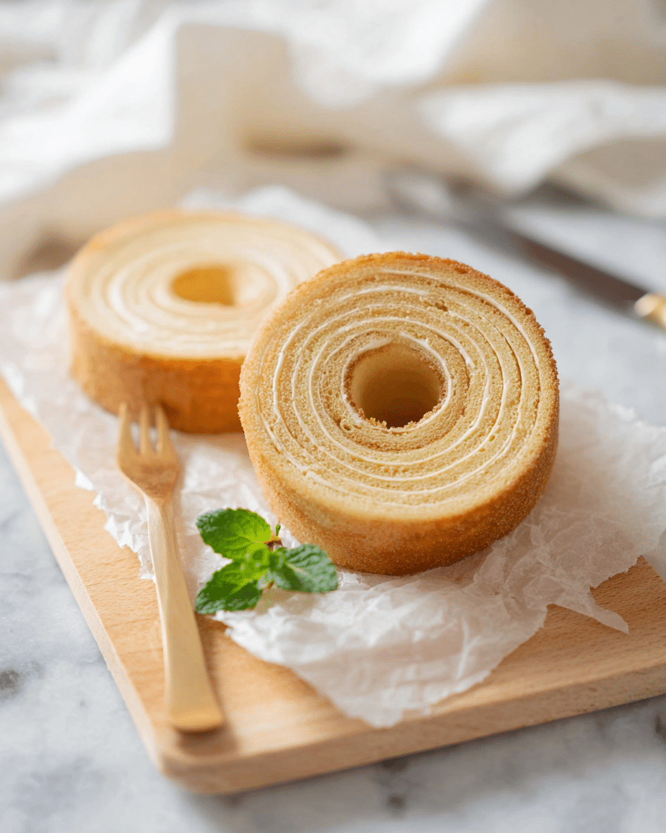 The image shows two round Baumkuchen slices placed on white parchment paper over a light wooden board on a white marbled surface. The cake slices have multiple thin, golden brown layers visible, forming concentric rings around a central hole, with a light cream color overall and a soft texture. In front of the slices, there is a small wooden fork next to a small green mint leaf. The background is softly blurred with a white cloth and a metallic knife in the distance. Photo taken with an iphone --ar 4:5 --v 7