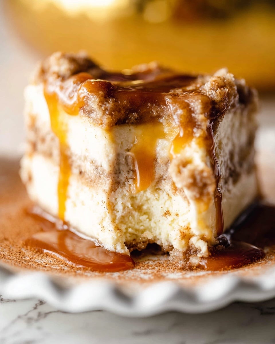 A close-up of a two-layer dessert slice on a white plate with a scalloped edge; the bottom layer is a creamy, light beige with a smooth texture and a dusting of cinnamon, while the top layer is a crumbly, slightly darker brown streusel mixed with a shiny, thick caramel sauce dripping down the sides. The slice has a bite taken out of the top part, showing the soft, moist interior under the caramel. The background is a white marbled texture with a blurred golden light, creating a warm atmosphere. photo taken with an iphone --ar 4:5 --v 7