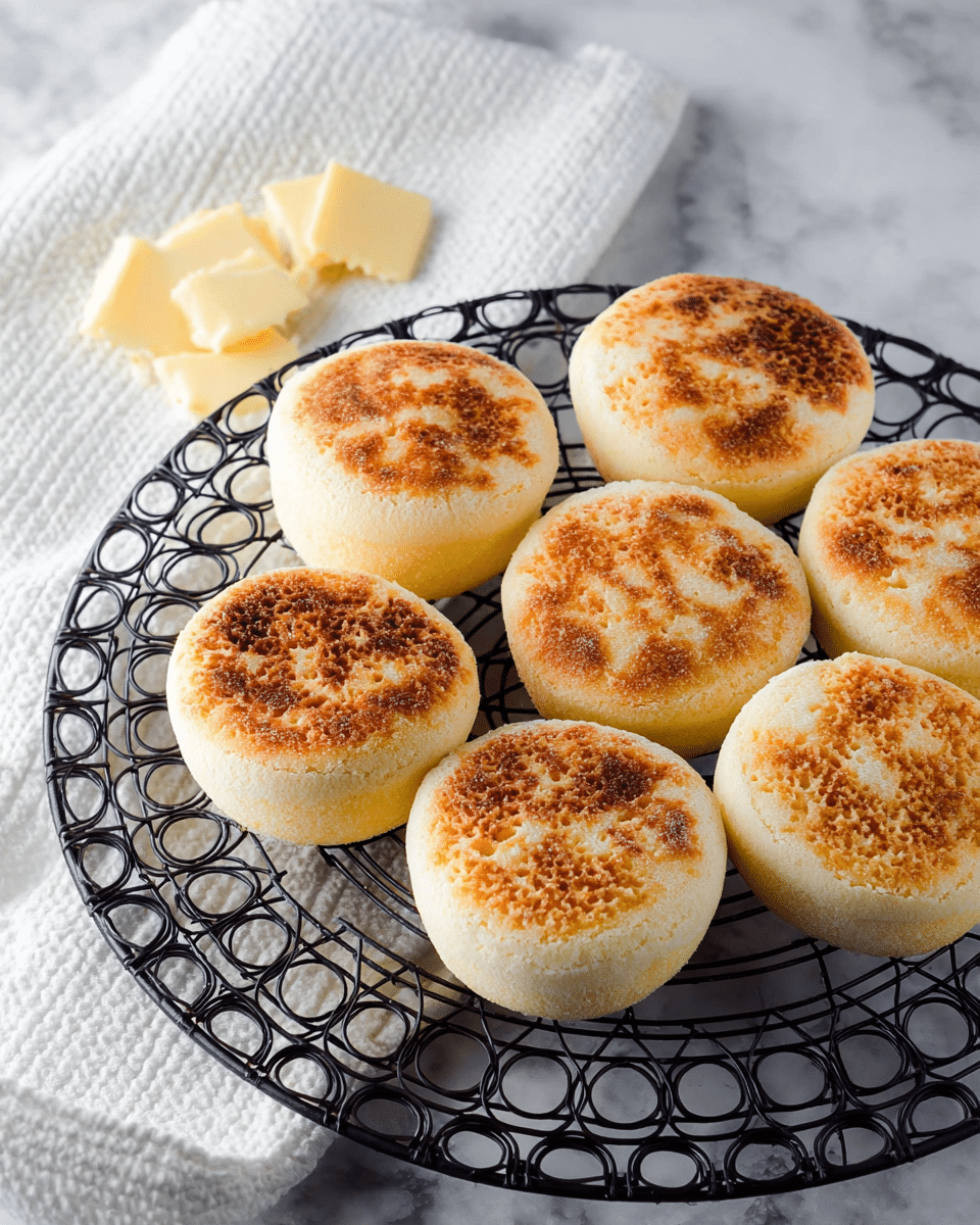 Seven round, golden-brown English muffins with a slightly rough texture on top are arranged on a black round wire cooling rack with circular loop decorations around the edge. The muffins have an even, browned top surface and a light, soft edge. In the top left corner, there is a white textured cloth with a few small pieces of light yellow butter resting on it. All of this sits on a white marbled surface. Photo taken with an iphone --ar 4:5 --v 7