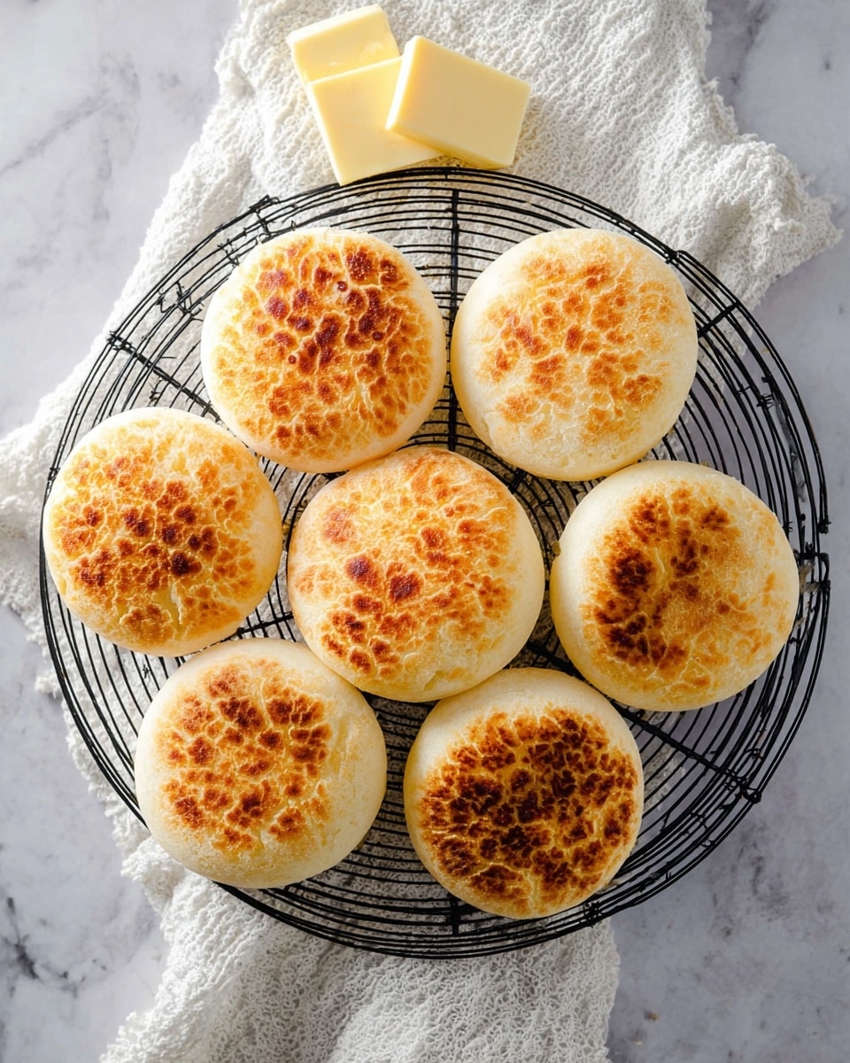 Seven round, golden-brown English muffins with a slightly cracked, toasted top surface are arranged in a circle on a black wire cooling rack. The muffins have a soft, light beige side showing just below the browned tops. Above the rack, there is a crumpled white cloth with three pieces of pale yellow butter resting on it. All items rest on a white marbled surface that adds a subtle texture to the background. photo taken with an iphone --ar 4:5 --v 7