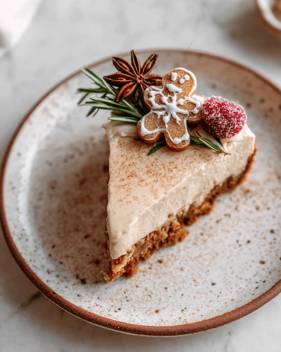 A slice of pie is shown with two main layers: a bottom brown crumbly crust and a thick, smooth, light beige creamy layer on top, covered with a dusting of brown powder. On the top surface, there is a small gingerbread man cookie with white icing details, a star anise, a sprig of green rosemary, and a red sugared berry. The slice is placed on a white speckled plate with a brown rim, set on a white marbled textured surface. Photo taken with an iphone --ar 4:5 --v 7