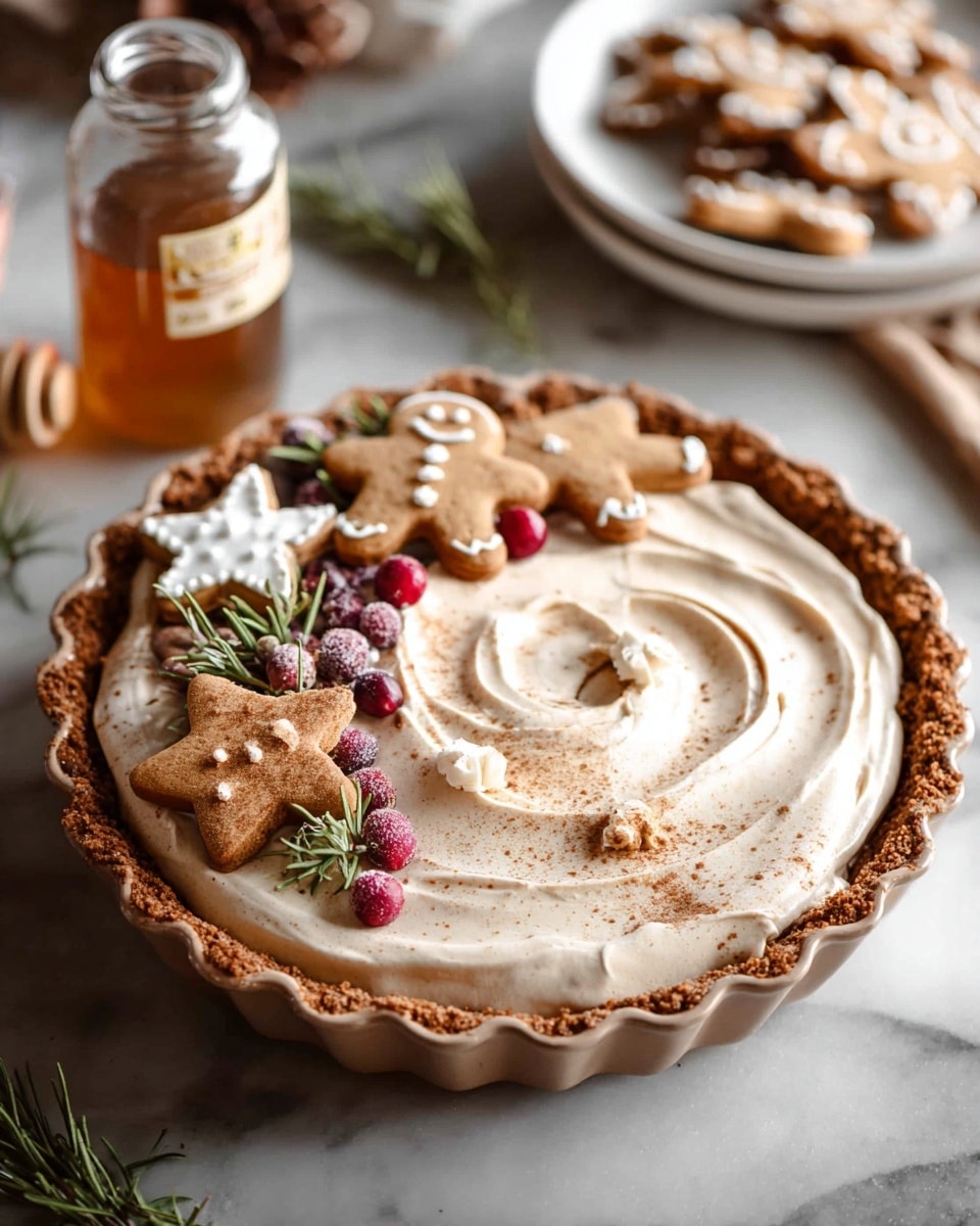 A pie with a thick brown crust in a fluted pie dish, filled with a smooth light beige creamy layer topped by a swirl of white whipped cream dusted with light brown cinnamon powder. On top of the whipped cream, there are five decorated gingerbread cookies in different shapes like men and stars, with white icing details. Small red sugared cranberries and brown star anise spices are scattered around the gingerbread cookies, with some small green rosemary sprigs for decoration. The pie sits on a white marbled surface with a bottle of honey and a white plate stacked with more decorated gingerbread cookies in the blurred background. Photo taken with an iphone --ar 4:5 --v 7