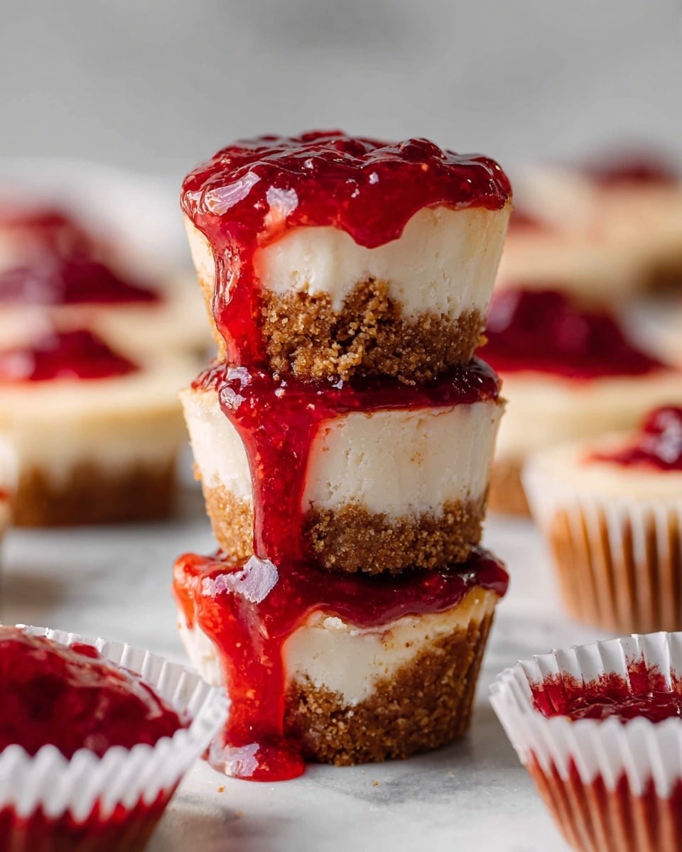 The image shows a stack of three mini cheesecakes placed vertically on a white marbled surface. Each cheesecake has three layers: a crumbly brown crust at the bottom, a thick creamy white cheesecake layer in the middle, and a glossy red berry topping dripping down the sides at the top. The top cheesecake is fully covered with the bright red topping, the middle one has some of the topping running down the side, and the bottom one partially shows the red topping inside the white paper liner that is slightly pulled down. Around the stack are more mini cheesecakes with the same red topping, some in their white paper liners and some without. The texture of the crust looks crunchy, the cheesecake smooth, and the topping shiny and slightly jam-like. photo taken with an iphone --ar 4:5 --v 7