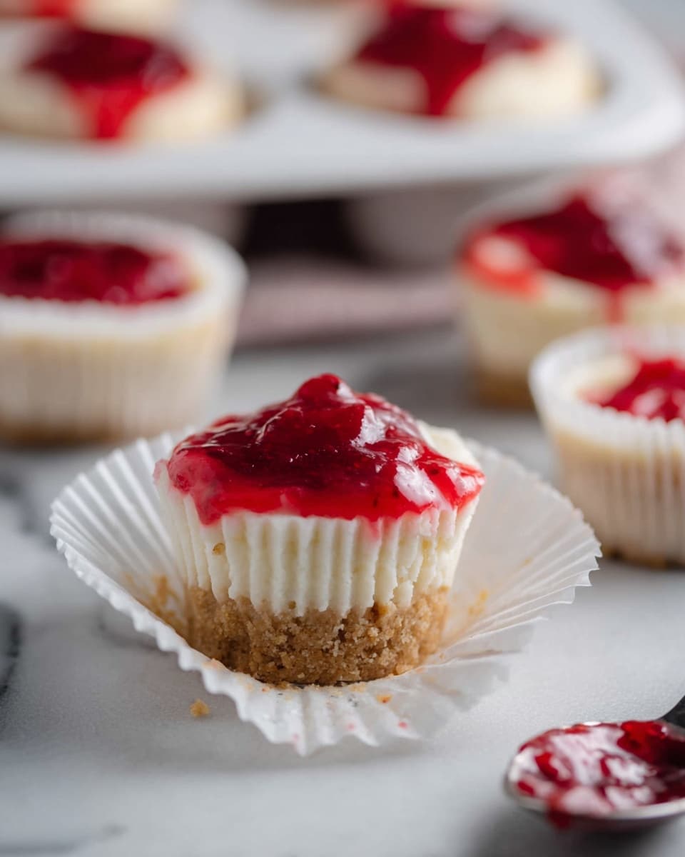 The image shows small cheesecake cupcakes in white paper cups placed on a white marbled surface. Each cupcake has three clear layers: a light brown crumbly crust at the bottom, a creamy pale yellow cheesecake layer in the middle, and a thick bright red strawberry topping spread unevenly on top. One cupcake is placed separately in the front with the white paper cup slightly peeled down, while the other cupcakes are arranged in a white cupcake tray in the blurred background. A silver spoon with some of the red topping is visible on the bottom right corner. The photo is softly lit and focused mainly on the front cupcake. photo taken with an iphone --ar 4:5 --v 7