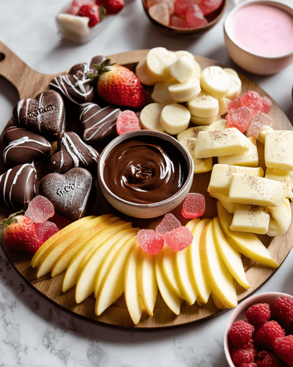 A round wooden board holds a beautiful arrangement of snacks and treats on a white marbled surface. On the board, there are layers of thin yellow apple slices fanned out in three groups across the front and center. Among the apple slices are small red heart-shaped gummy candies. To the right center is a small bowl of smooth dark chocolate dip, shiny and swirled on top. Next to it on the right are many white chocolate pieces with tiny brown specks, some shaped like hearts. Further to the left, there are dark and milk chocolate pieces shaped like hearts and flowers, some decorated with white lines. Small round white candies are stacked in a line beside the chocolates. Scattered around are fresh red raspberries and strawberry halves. Near the back right is a small bowl of pink creamy dip and a bowl containing red berries.
photo taken with an iphone --ar 4:5 --v 7