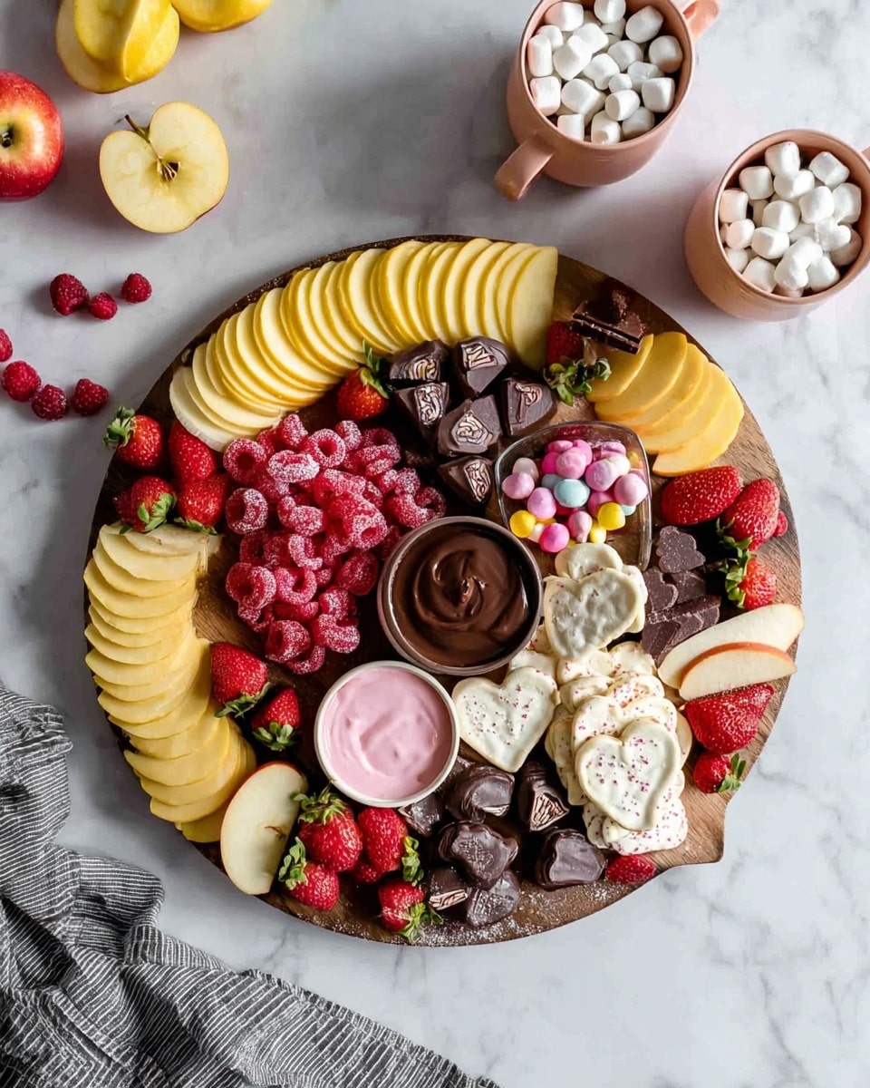 A large round wooden board holds a colorful snack platter arranged in layers. The first layer is thin yellow apple slices fanned in small groups around the edge. Next is a mix of red raspberries and heart-shaped white and dark chocolates with patterns. In the middle, a pile of red gummy hearts is placed near two small bowls—one filled with smooth dark chocolate sauce and the other with light pink creamy dip. Near the gummy hearts, there are white heart-shaped crackers with small specks. A small bowl with pink and red candy-coated chocolates is near the center. Fresh strawberries, cut in halves, and whole raspberries are scattered around. The board is placed on a white marbled surface with two yellow apples and a half-cut apple nearby. Two pink ceramic mugs filled with white mini marshmallows are at the top, and a woman's hand is partly visible holding the corner of a gray and white striped cloth near the bottom left corner. photo taken with an iphone --ar 4:5 --v 7
