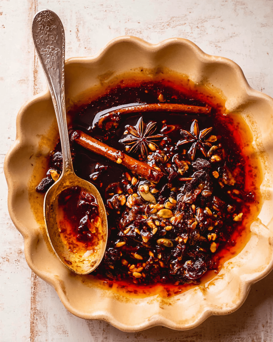 A beige scalloped bowl filled with a dark reddish-brown oily sauce containing whole spices like star anise, cinnamon sticks, and seeds. The sauce has a shiny texture, with the spices partially submerged. There is a silver spoon resting on the left edge of the bowl, slightly covered in the sauce. The bowl sits on a white marbled textured surface. photo taken with an iphone --ar 4:5 --v 7