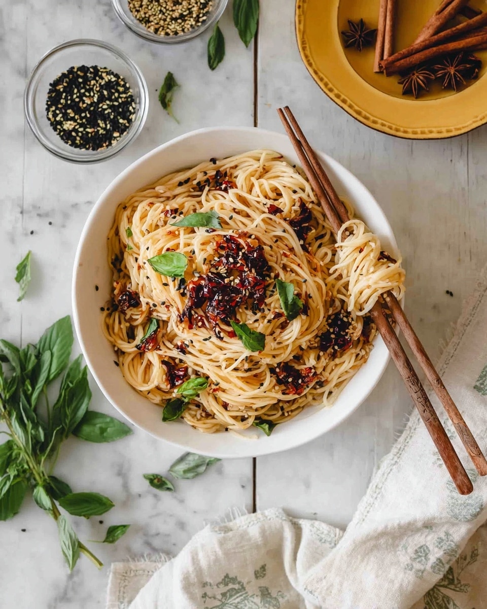 A white bowl filled with thin noodles twisted together, topped with dark red chili flakes and small green herb leaves scattered throughout. There are black sesame seeds sprinkled over the noodles, adding texture, and a pair of brown chopsticks resting on the edge of the bowl, partially wrapped in some noodles. The bowl sits on a white marbled surface with loose green herbs nearby, small glass bowls with green and black seeds, and a yellow plate with dark spices and cinnamon sticks. A white cloth with a subtle pattern is folded to the right side. Photo taken with an iphone --ar 4:5 --v 7