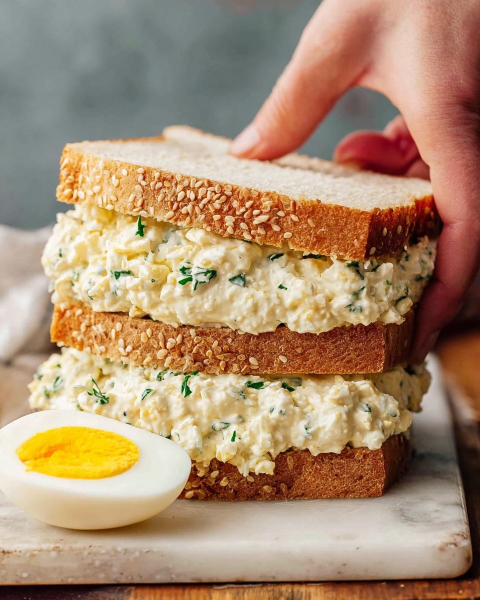 A close-up of a thick, two-layer sandwich filled with creamy, chunky egg salad mixed with herbs, the egg salad spilling slightly over the edges. The sandwich is made with two slices of white bread with sesame seeds on the crust. A woman's hand is holding the sandwich from the top. There is a half-cut boiled egg with a bright yellow yolk placed next to the sandwich. The sandwich sits on a white marbled surface with a wooden board edge visible at the bottom of the image. Photo taken with an iphone --ar 4:5 --v 7