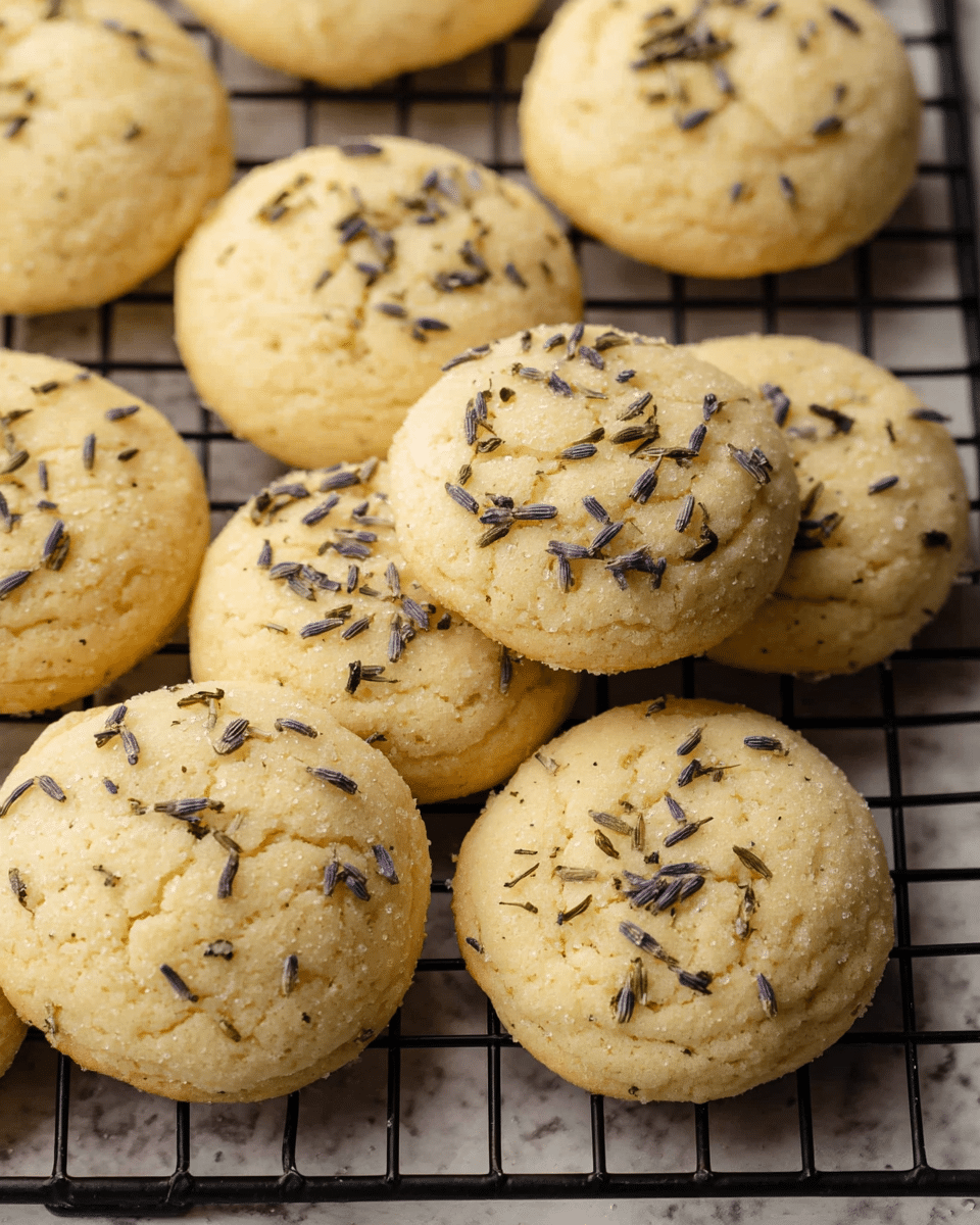 A group of soft, round cookies with a pale golden color, each topped with small dark lavender buds scattered unevenly on the surface. The cookies show slight cracks with a sugar-coated sparkle, arranged closely together on a black cooling rack that sits on a white marbled texture. The cookies have a gentle rise, soft texture, and are placed in a casual cluster filling the frame. photo taken with an iphone --ar 4:5 --v 7