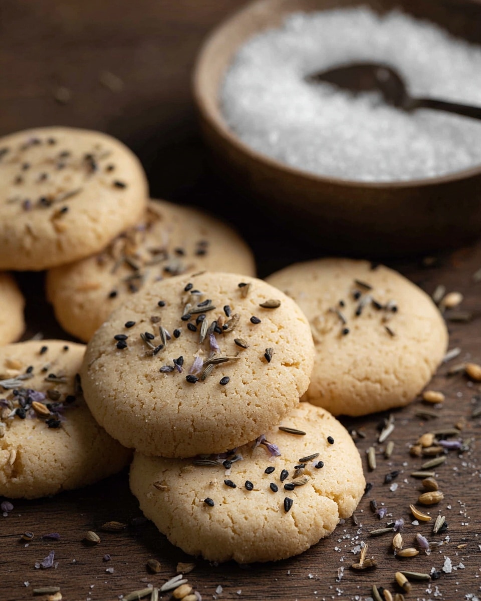 The image shows a close-up of several round, light beige cookies scattered on a wooden surface. Each cookie is topped with small black and brown seeds that add texture and contrast. In the background, there is a shallow bowl filled with white coarse salt mixed with the same type of seeds, and a spoon resting in the bowl. The overall scene has a warm and rustic feel with the wooden surface providing a dark brown backdrop. photo taken with an iphone --ar 4:5 --v 7