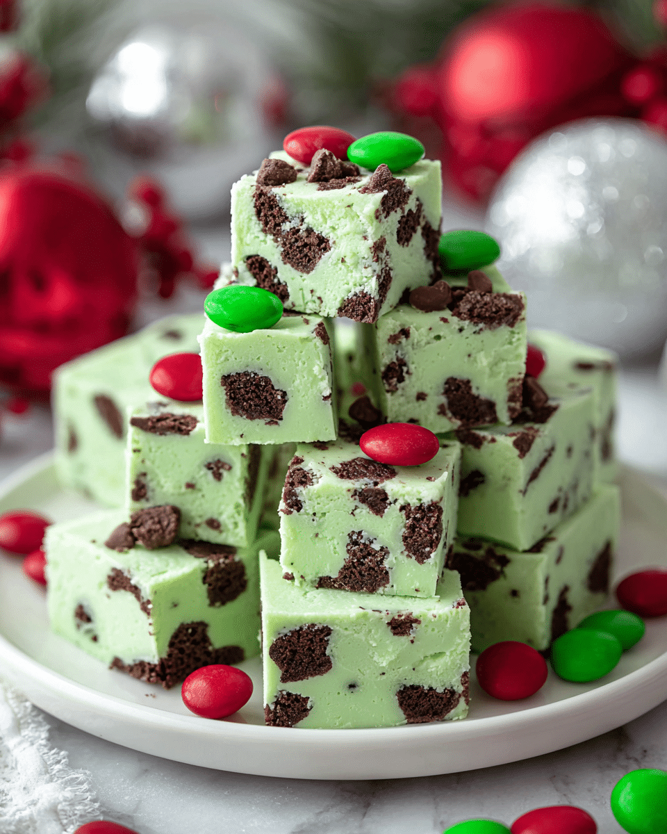 A stack of green fudge squares is arranged on a white plate placed on a white marbled surface. Each square has dark brown cookie pieces embedded throughout, creating a spotted pattern inside the smooth, pale green fudge. Red and green candy-coated chocolate pieces are scattered on and around the fudge cubes, adding bright pops of color on top. The fudge squares are stacked in a loose pyramid, showing multiple layers of the creamy, dense texture. In the background, blurred red berries and silver Christmas ornaments enhance the festive feel of the scene. Photo taken with an iphone --ar 4:5 --v 7