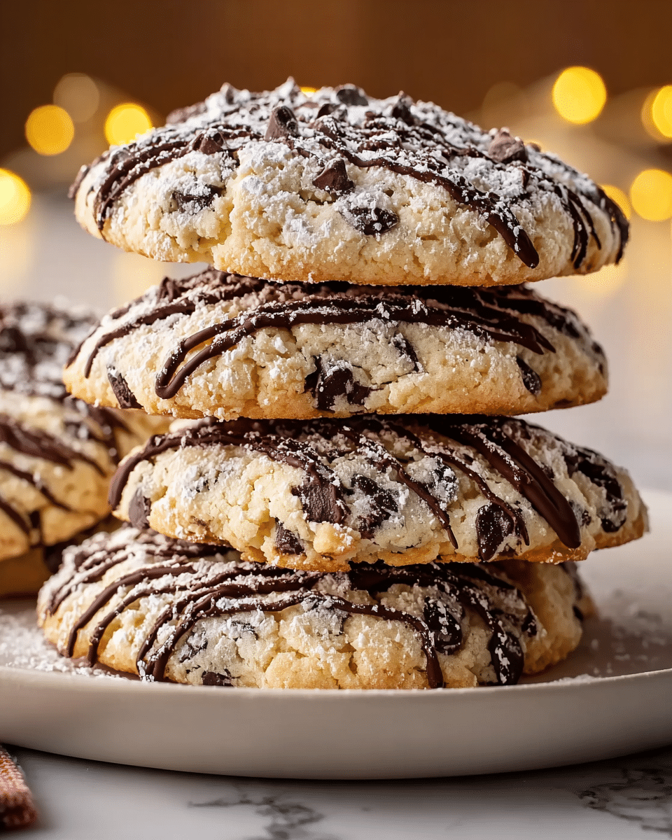A stack of five thick, round cookies with a light golden base color, dotted with dark chocolate chips throughout. Each cookie is generously drizzled with dark chocolate in uneven stripes across the top, and a light dusting of white powdered sugar covers the entire stack, adding a soft texture contrast. The cookies rest on a smooth, white plate placed on a white marbled surface. Warm blurry golden lights create a cozy background, highlighting the cookies' texture. Photo taken with an iphone --ar 4:5 --v 7