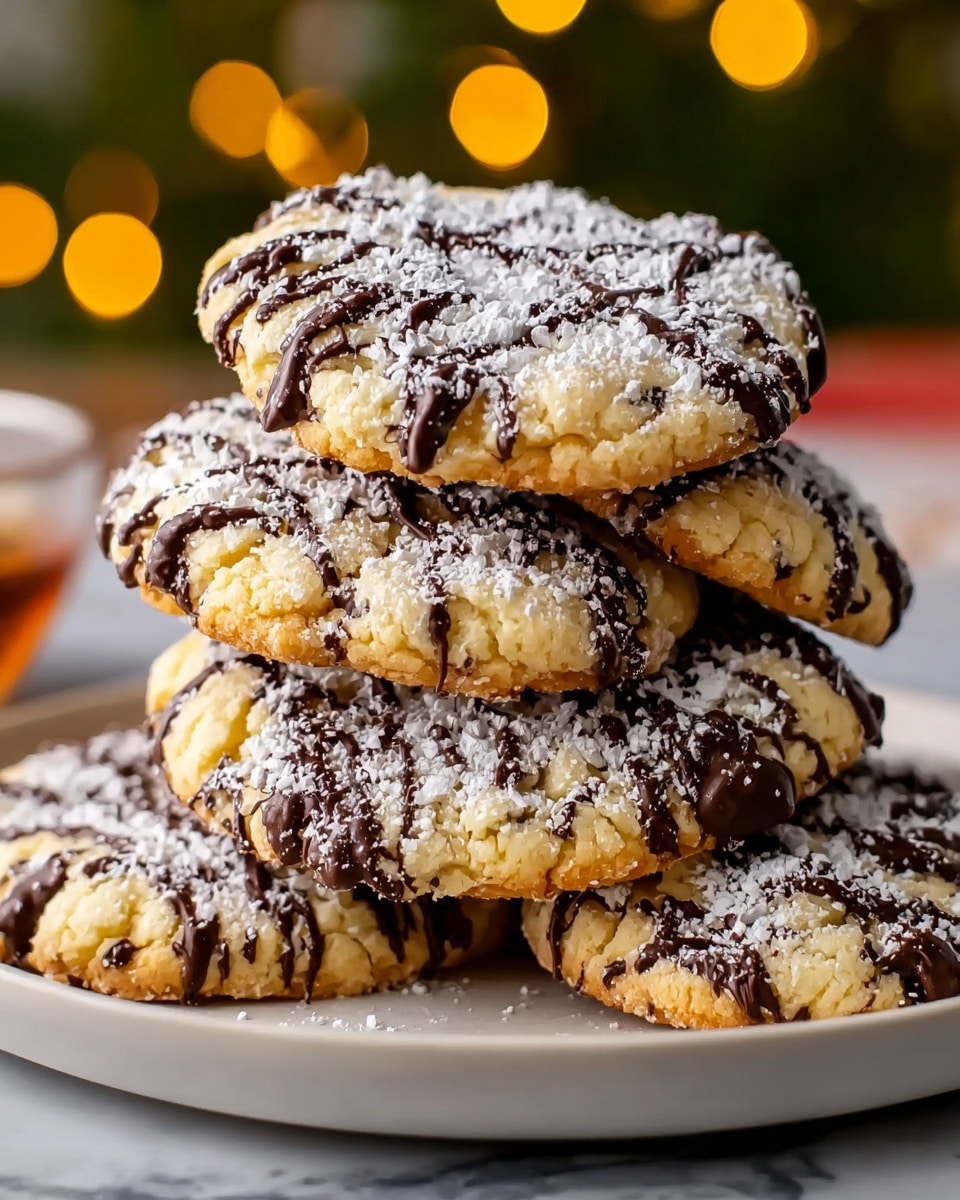 A stack of six round cookies is arranged on a white plate, each cookie having a light golden-brown base with a soft, crumbly texture. Each cookie is topped with irregular dark chocolate lines drizzled across the surface and sprinkled generously with white powdered sugar, creating a contrast of colors and textures. The cookies appear thick and slightly cracked around the edges, showing hints of melted chocolate chips embedded within. The plate sits on a white marbled surface, with a warm, blurred background of soft yellow lights adding a cozy atmosphere. photo taken with an iphone --ar 4:5 --v 7
