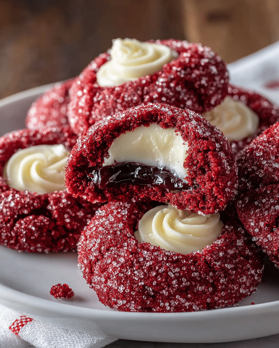 A white plate holds several round red cookies with a crumbly texture and coarse sugar crystals sparkling on the deep red surface. Each cookie has a depression in the center filled with creamy white frosting, smooth and slightly glossy. One cookie is broken open, showing the inside layers: the outer red crumbly cookie with sugar, a thin layer of dark red jam just inside the edges, and a soft cream filling in the middle. The plate rests on a white marbled surface with a blurred wooden background. photo taken with an iphone --ar 4:5 --v 7