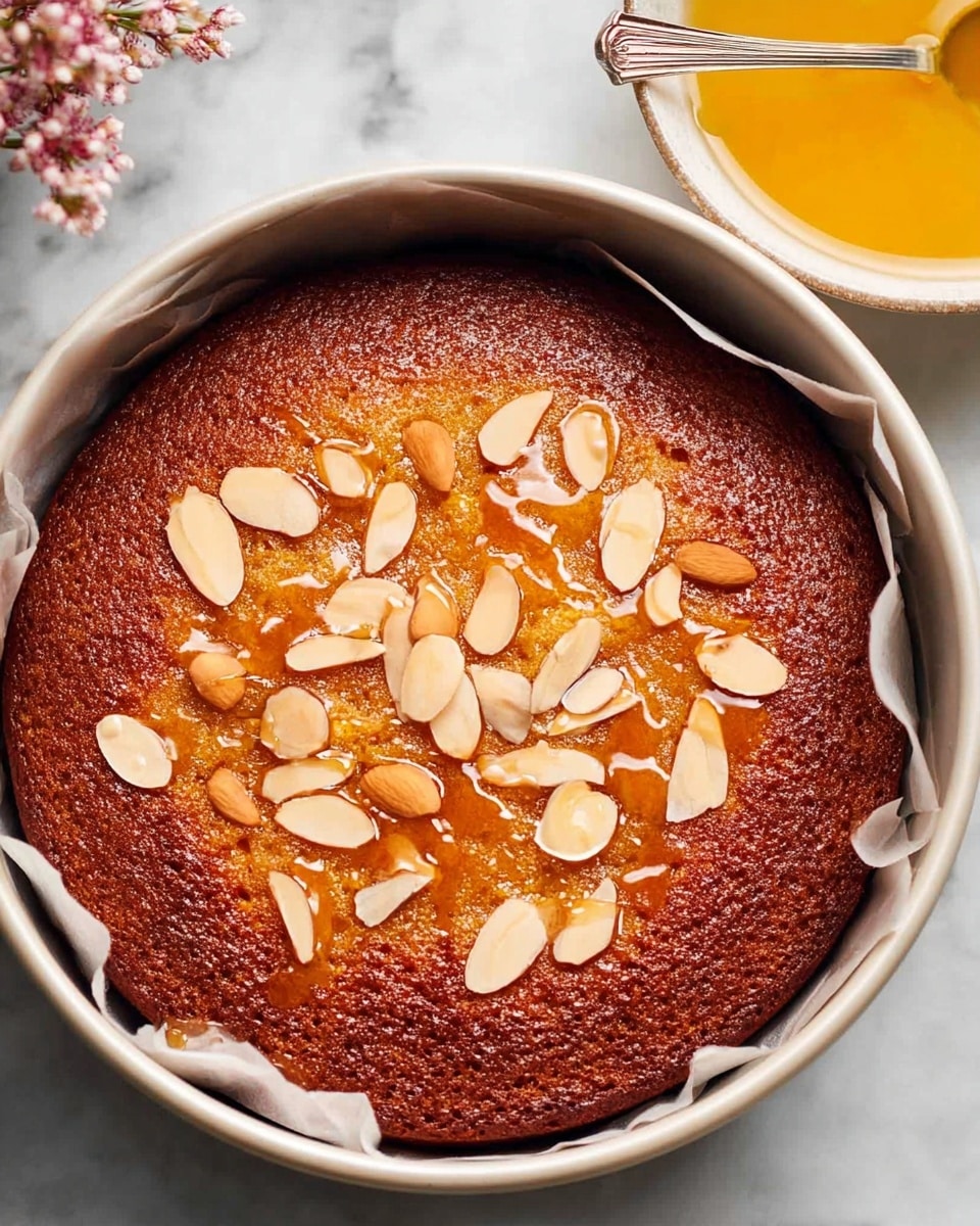 A close-up top view of a single-layer round cake with a deep golden brown color and a slightly rough texture, topped with scattered light beige almond slices and drizzled with a shiny, amber-colored syrup. The cake is inside a round white baking pan lined with parchment paper, placed on a white marbled surface. In the background, part of a bowl containing a yellow liquid with a metal spoon is visible. Photo taken with an iphone --ar 4:5 --v 7
