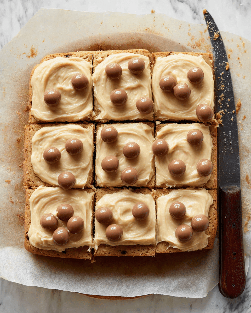 A square-shaped baked dessert cut into nine equal pieces rests on parchment paper atop a white marbled surface. The base layer is a golden-brown cookie or cake with a slightly rough texture. On top, there is a smooth layer of light beige frosting spread evenly with soft swirls. Scattered across the frosting are small, round milk chocolate balls, adding texture and color contrast. To the right side near the dessert is a knife with a dark brown wooden handle resting on the parchment paper. The overall look is warm and inviting, showing a freshly cut, ready-to-serve treat. photo taken with an iphone --ar 4:5 --v 7