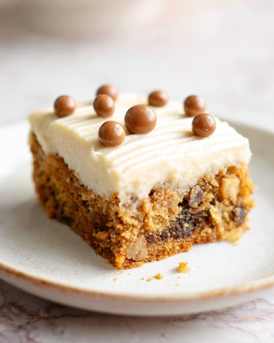 A square slice of cake with two visible layers sits on a white plate, placed on a white marbled surface. The bottom layer is thick and crumbly, showing a golden brown color with dark brown bits, indicating nuts or chocolate chips inside. The top layer is a smooth, light cream-colored frosting, spread evenly with soft ridges in the texture. On top of the frosting, there are five small, round, shiny chocolate balls scattered. The plate has slight textures and crumbs near the cake slice. Photo taken with an iphone --ar 4:5 --v 7