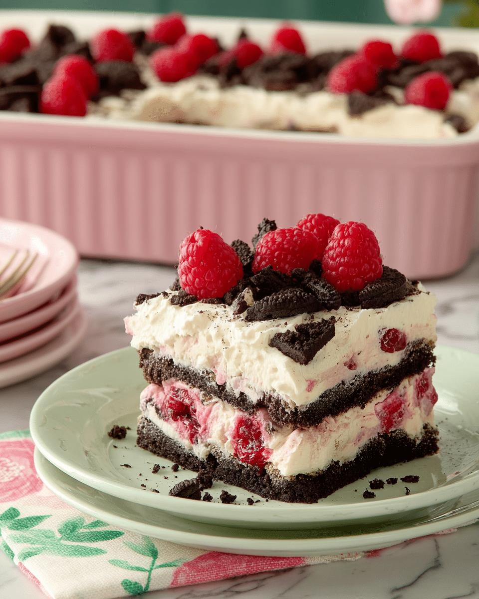 A square slice of layered dessert rests on a light green plate with a pink and green patterned cloth underneath on a white marbled surface. The dessert has four visible layers: the bottom layer is made of dark chocolate cookie pieces, followed by a thick middle layer of red raspberries embedded in creamy white filling, then another layer of dark chocolate cookie pieces, and finally a top layer of smooth white cream topped with fresh red raspberries and broken dark chocolate cookie pieces. In the background, a pink baking dish holds the rest of the dessert, decorated with more raspberries and cookie crumbles. Photo taken with an iphone --ar 4:5 --v 7