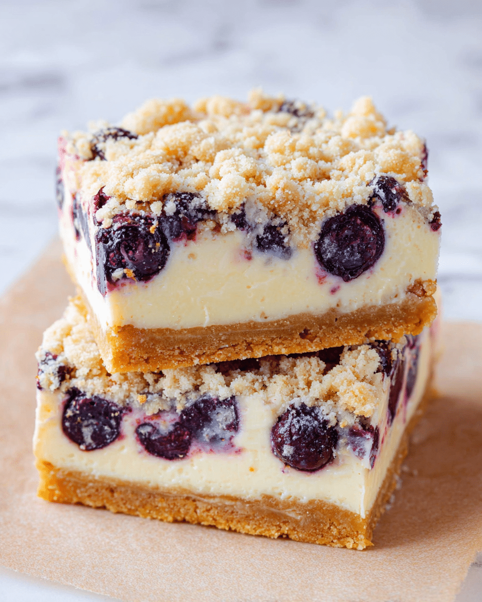 The image shows two stacked dessert bars with three visible layers. The bottom layer is a golden-brown crumbly crust, thin and firm. The middle layer is thick, creamy, and white with whole dark purple blueberries embedded throughout. The top layer is a light brown crumbly streusel with a coarse texture, sprinkled unevenly over the cream layer. The dessert pieces rest on parchment paper on a white marbled surface. photo taken with an iphone --ar 4:5 --v 7