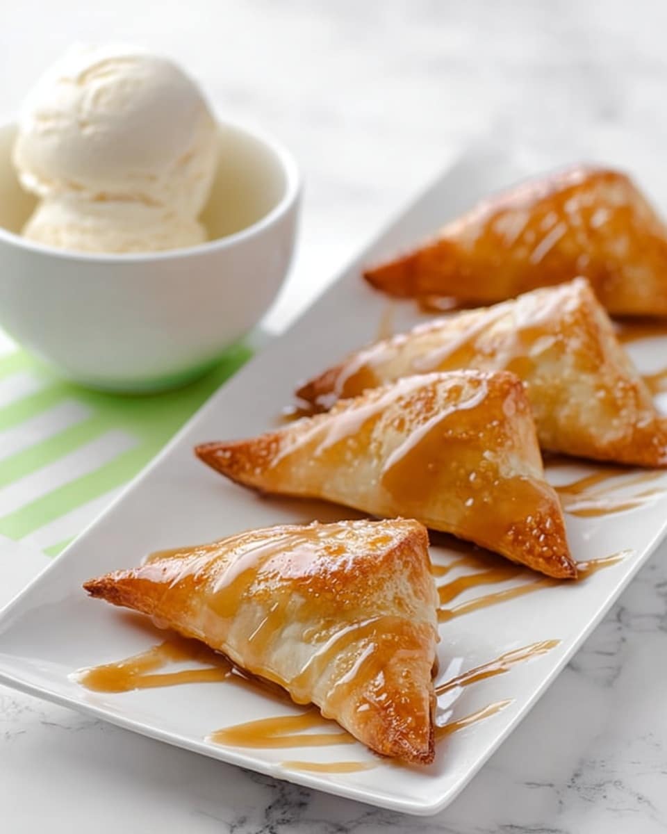 The image shows four golden-brown triangular pastries, each with a shiny, slightly crispy top layer, arranged side by side on a long white rectangular plate. The pastries are drizzled with a light caramel-colored sauce that glistens on the surface. Behind the plate, there is a white bowl holding a large scoop of white vanilla ice cream, soft and creamy in texture. The background features a white marbled texture, adding a clean and fresh look to the image. Photo taken with an iphone --ar 4:5 --v 7