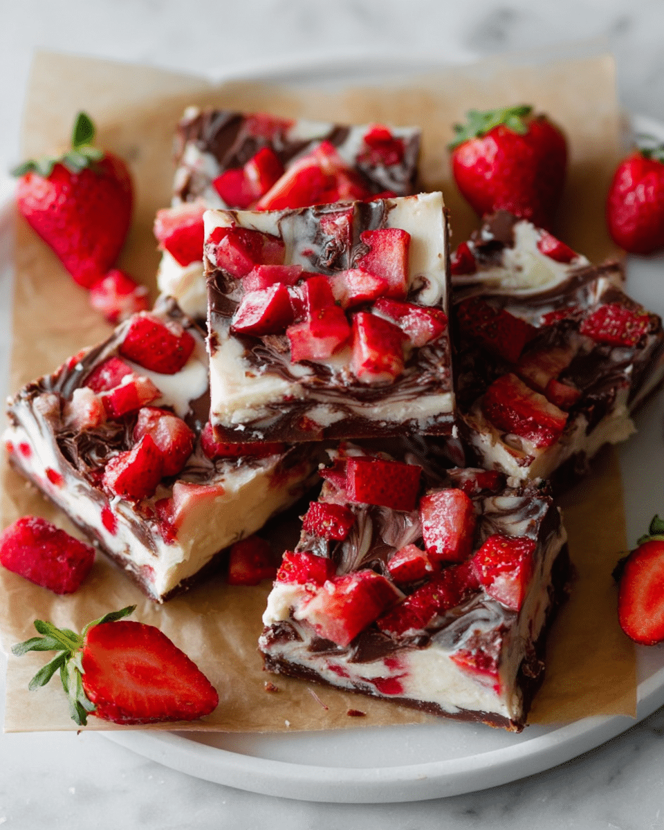The image shows several layered dessert squares stacked on a white plate lined with parchment paper, set on a white marbled surface. Each square features a thick base layer that is creamy white with a smooth texture, marbled with dark brown chocolate swirls creating a mixed pattern throughout. Bright red strawberry pieces are scattered generously on top, adding a fresh and juicy contrast to the creamy and chocolate colors. The strawberries appear diced and whole, with a few whole strawberries resting around the plate for decoration. The overall look is rich and textured with a mix of smooth, chunky, and glossy surfaces. photo taken with an iphone --ar 4:5 --v 7