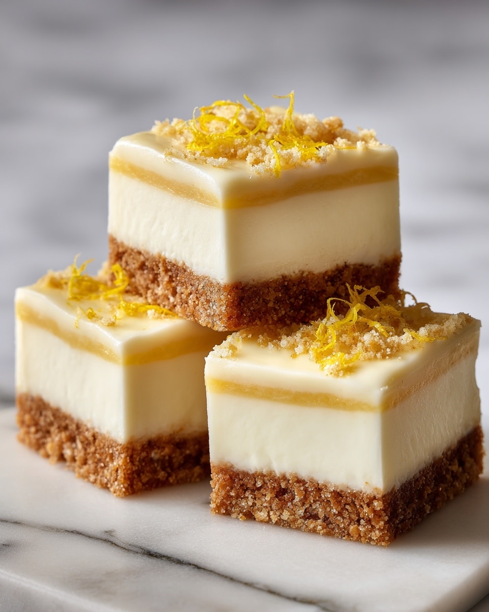 The image shows three square pieces of a layered dessert placed on a white marbled surface. Each piece has three layers: a bottom layer of crumbly, light brown crust, a thick middle layer of smooth, creamy white filling, and a top layer of light yellow crumbly topping mixed with small shreds of zest. The pieces are neatly cut, with clean edges and a soft texture on the creamy layer. Photo taken with an iphone --ar 4:5 --v 7