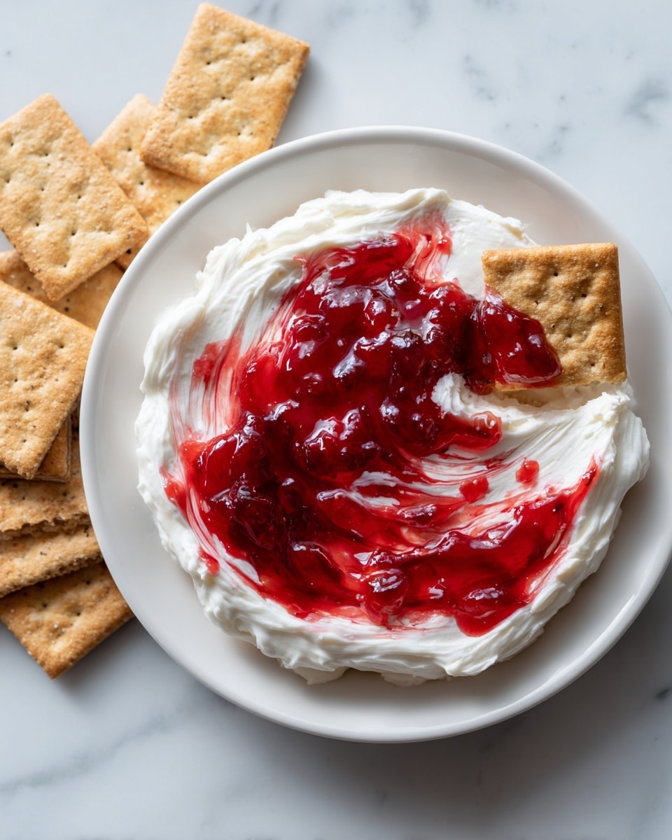 A white plate filled with a base layer of smooth, creamy white dip spread evenly. On top is a thick layer of glossy, bright red jelly with some parts swirling into the white dip, creating a marbled effect. A woman's hand with rings is dipping a light brown, textured cracker into the jelly and dip mixture. Several more light brown rectangular crackers are stacked in the bottom left corner of the white marbled surface surrounding the plate. photo taken with an iphone --ar 4:5 --v 7