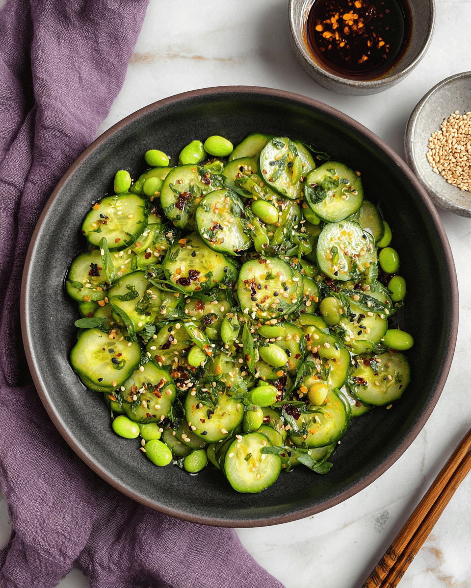 A bowl filled with thin, round slices of green cucumber as the main layer, mixed with bright green edamame beans scattered all over. On top there are small bits of chopped green herbs and spring onions, giving some texture and freshness. White and black sesame seeds are sprinkled on the dish, adding small dots of color. Small pieces of chili flakes and light golden brown bits are spread throughout, giving a spicy look. The bowl is dark and sits on a white marbled surface with two chopsticks placed nearby and a small bowl of chili oil in the upper right corner. A soft purple cloth is draped on the left side of the bowl. Photo taken with an iphone --ar 4:5 --v 7
