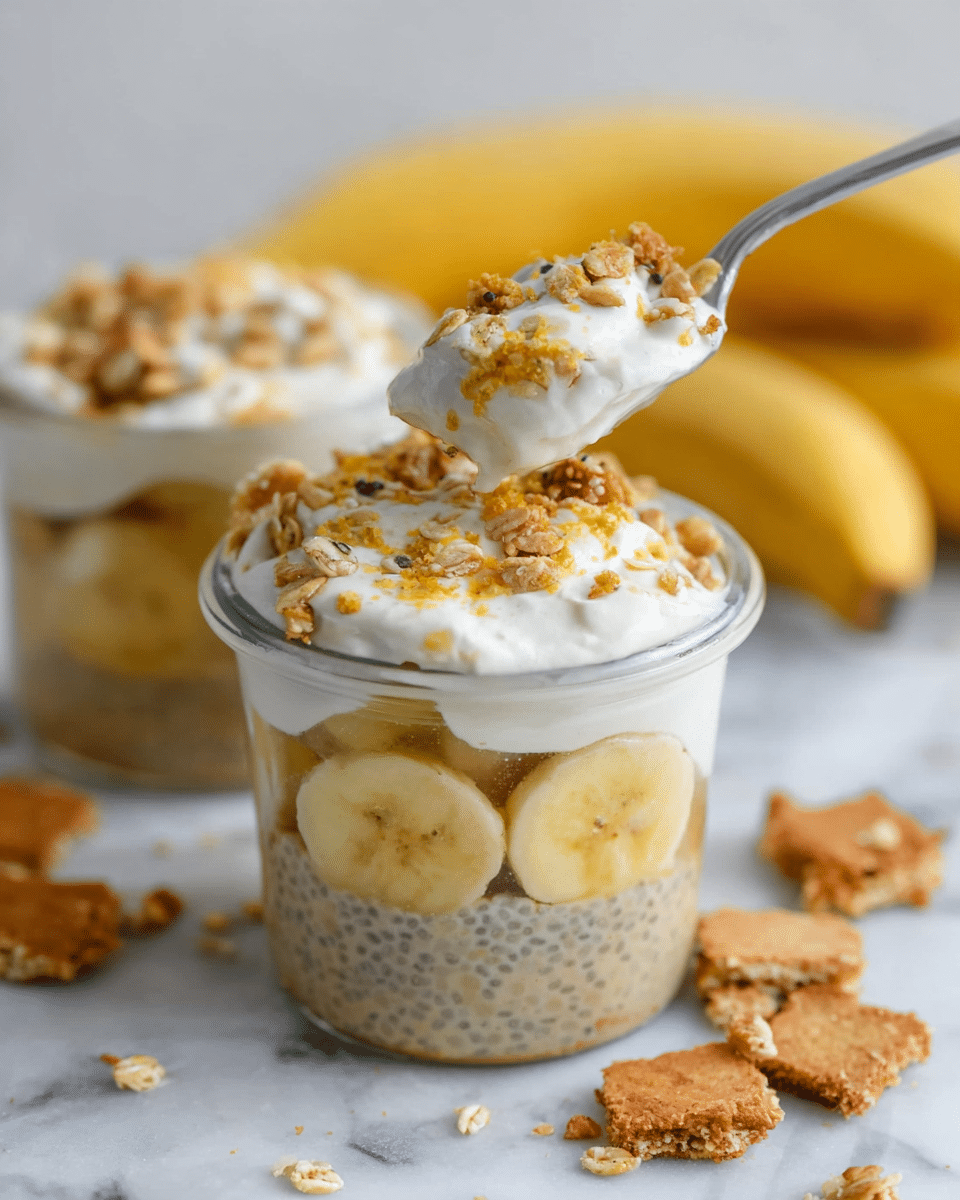 A small clear glass jar filled with three visible layers: the bottom layer is a light brown mixture with chia seeds, the middle layer shows slices of yellow banana pressed against the glass, and the top layer is creamy white whipped yogurt sprinkled with crushed golden-brown granola and banana slices. A spoon is scooping some of the yogurt and granola from the jar. The jar is placed on a white marbled surface with broken pieces of granola biscuit and banana slices scattered around, and there are whole bananas blurred in the background. Photo taken with an iphone --ar 4:5 --v 7