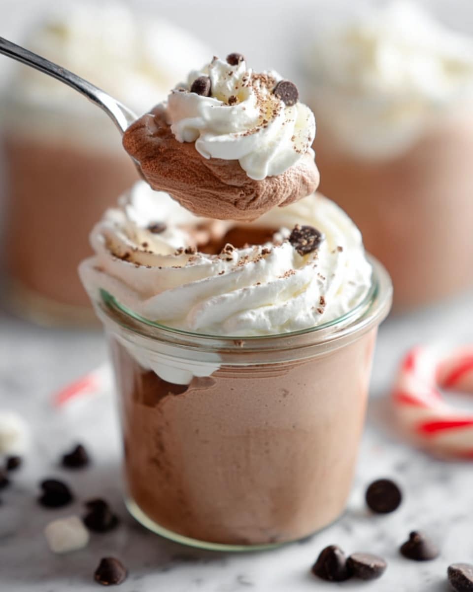 A close-up of a glass jar filled with two layers: the bottom layer is a smooth, light brown chocolate mousse with a creamy texture, and the top layer is white whipped cream with soft, fluffy swirls. A spoon is scooping a mix of both layers, showing the mousse's thick and airy texture combined with a dollop of whipped cream on top. The jar is placed on a white marbled surface with small dark chocolate chips and a piece of red and white candy cane scattered around. The background shows another jar of the same dessert softly out of focus. Photo taken with an iphone --ar 4:5 --v 7