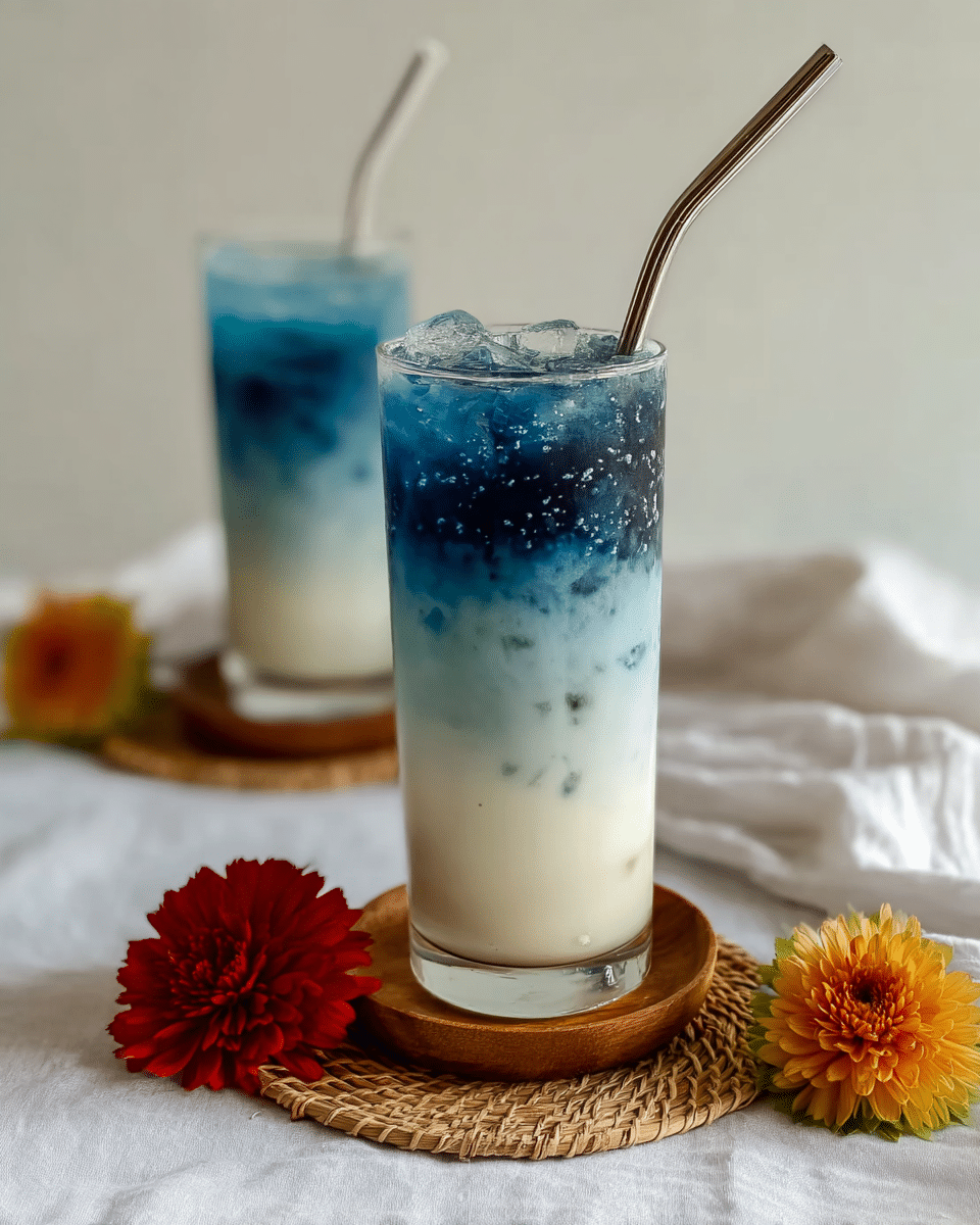 Two tall clear glasses filled with a layered drink sit on a white marbled texture. Each glass has three visible layers: the bottom layer is creamy white, the middle layer is a lighter blue gradient, and the top layer is a rich dark blue with ice cubes. Each glass contains a metal straw, with the glass in the foreground placed on a round wooden coaster over a woven mat. Around the glasses are two bright flowers, one red and one yellow, lying on a white cloth that spreads softly across the surface. Photo taken with an iphone --ar 4:5 --v 7