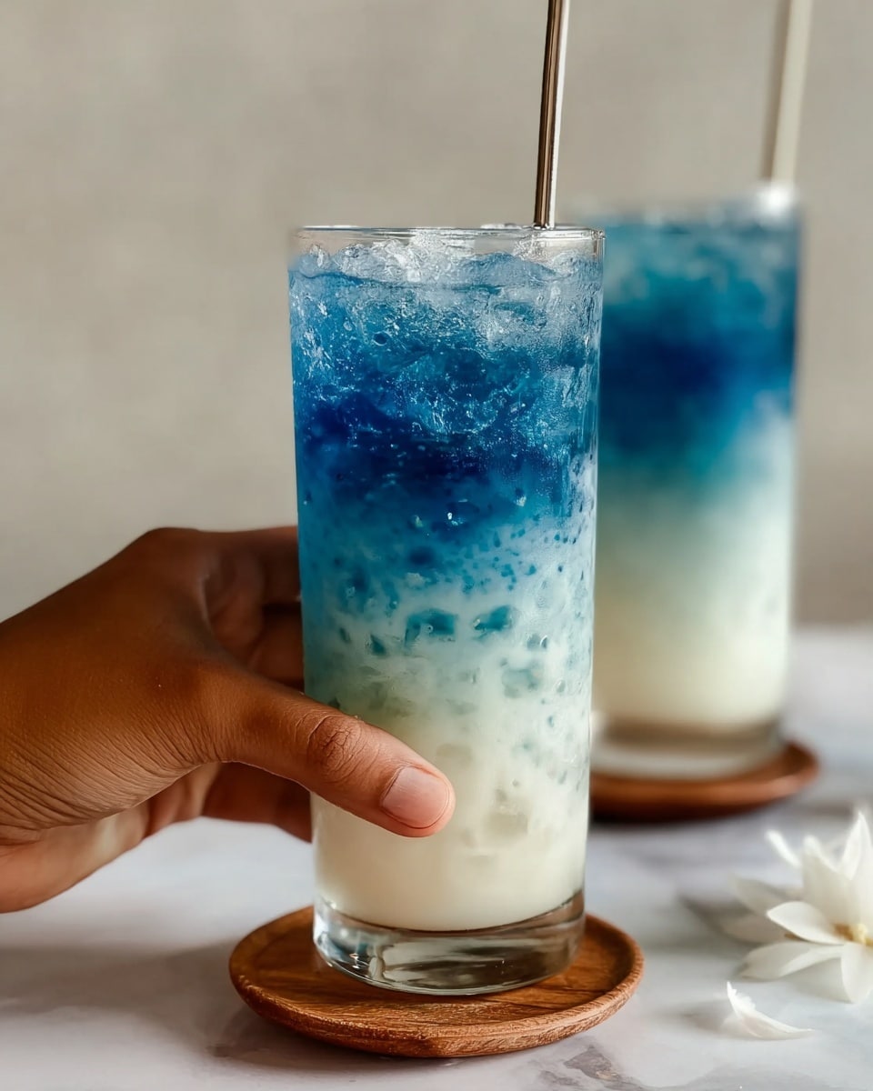 Two tall clear glasses filled with a layered iced drink sit on small round wooden coasters on a white marbled surface. Each glass has three visible layers: the bottom layer is white and creamy, the middle layer is a lighter blue fading upward, and the top layer is a deep, rich blue with small ice cubes floating inside. A metal straw stands in each glass. In the foreground, a woman's hand with a medium skin tone gently holds one glass, showing well-kept nails. The background is blurred, focusing on the front glass. photo taken with an iphone --ar 4:5 --v 7