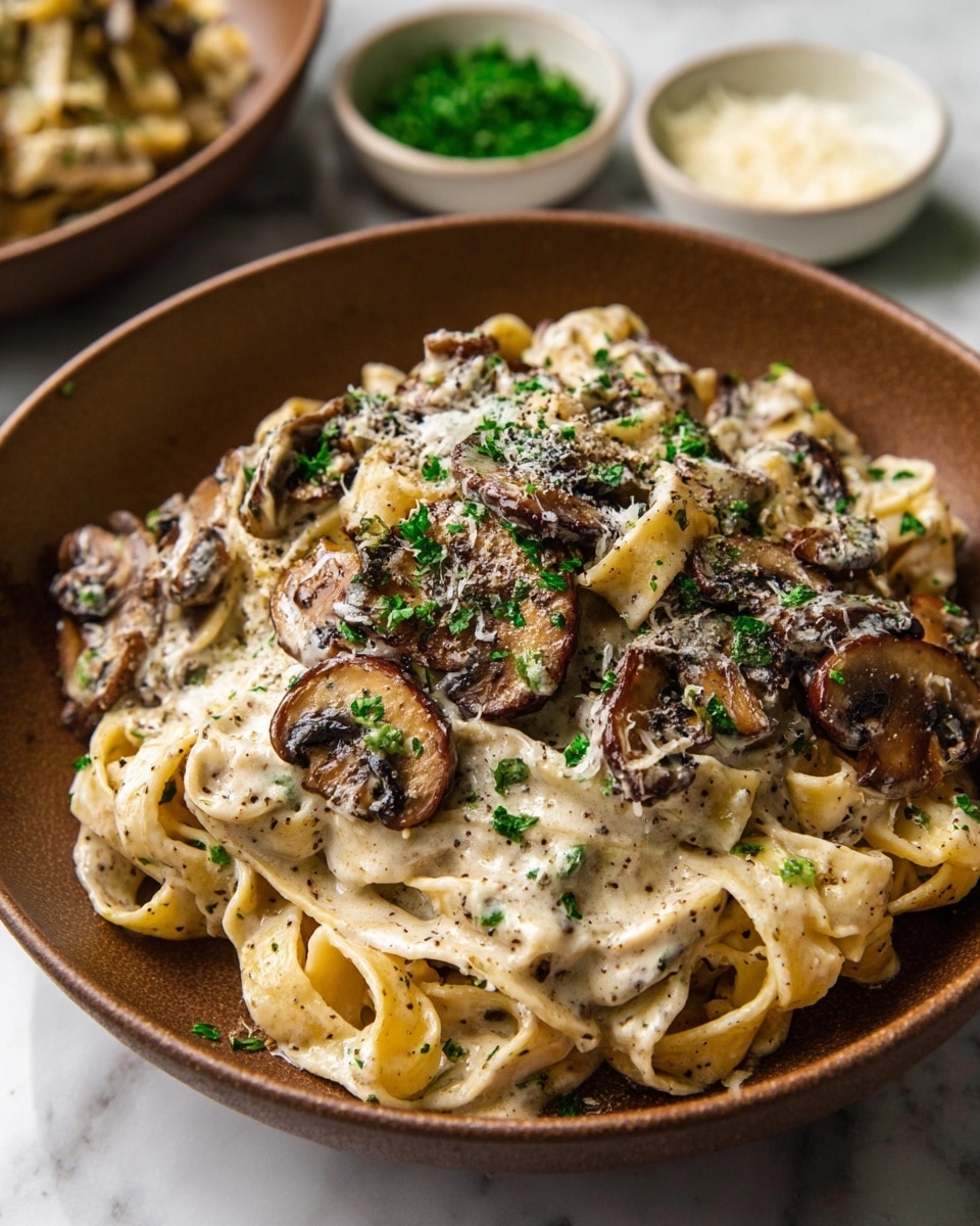 The image shows a brown bowl filled with creamy pasta. The pasta has two main layers: the base layer is wide, flat noodles coated in a light cream sauce with specks of black pepper. On top, there are large, browned mushroom slices covering the noodles, also coated in creamy sauce with chopped green herbs sprinkled over them. The whole dish looks smooth and rich, with a few hints of grated cheese. In the background, there are small white bowls with green herbs, all placed on a white marbled surface. photo taken with an iphone --ar 4:5 --v 7