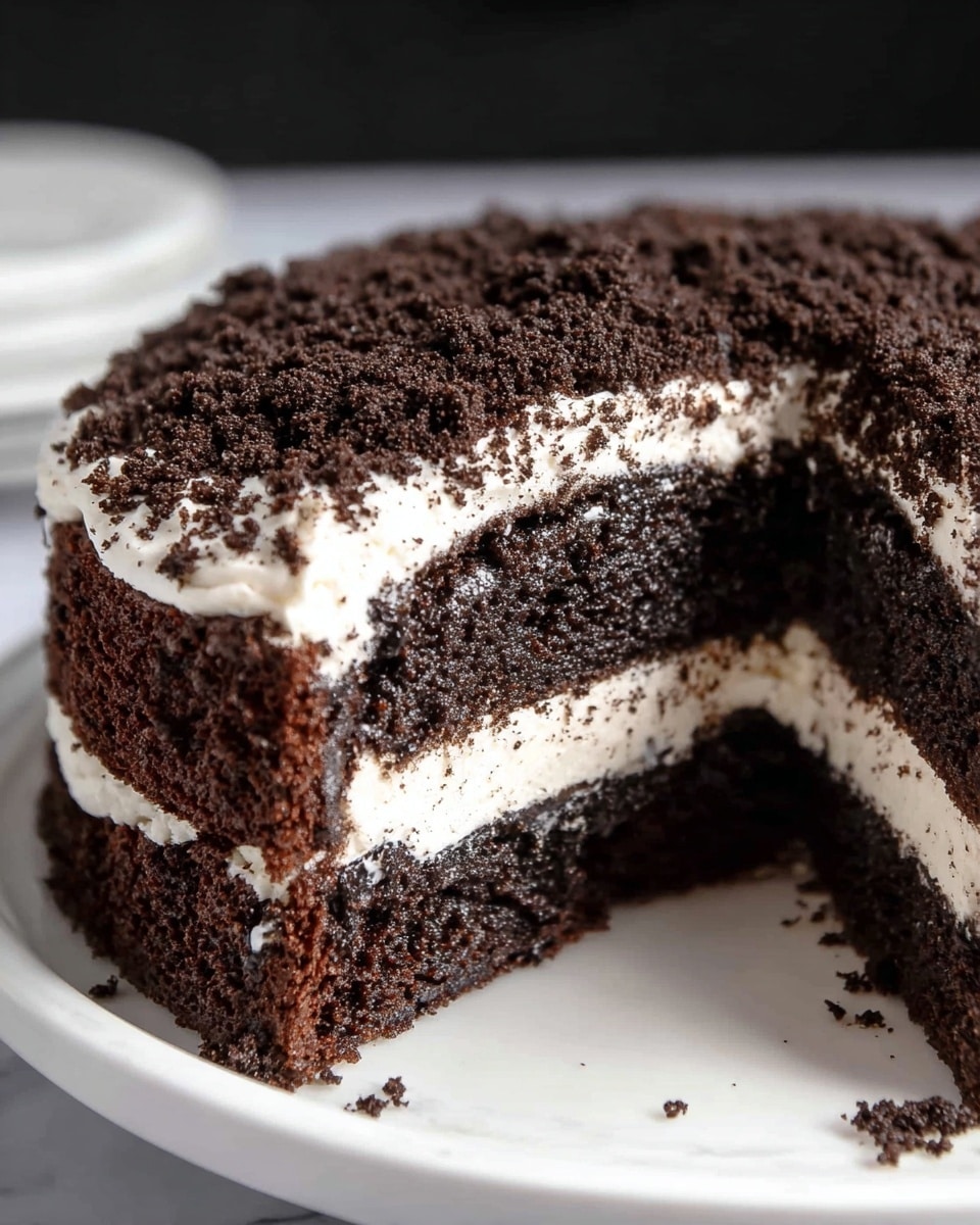 A close-up image of a chocolate cake with two thick dark brown layers filled with white creamy frosting in the middle. The cake is covered with a generous layer of white frosting and topped with dark chocolate crumbs, giving it a rough texture all around. A slice is cut out, showing the creamy filling and moist cake layers clearly. The cake sits on a white plate with a white marbled background. Photo taken with an iphone --ar 4:5 --v 7