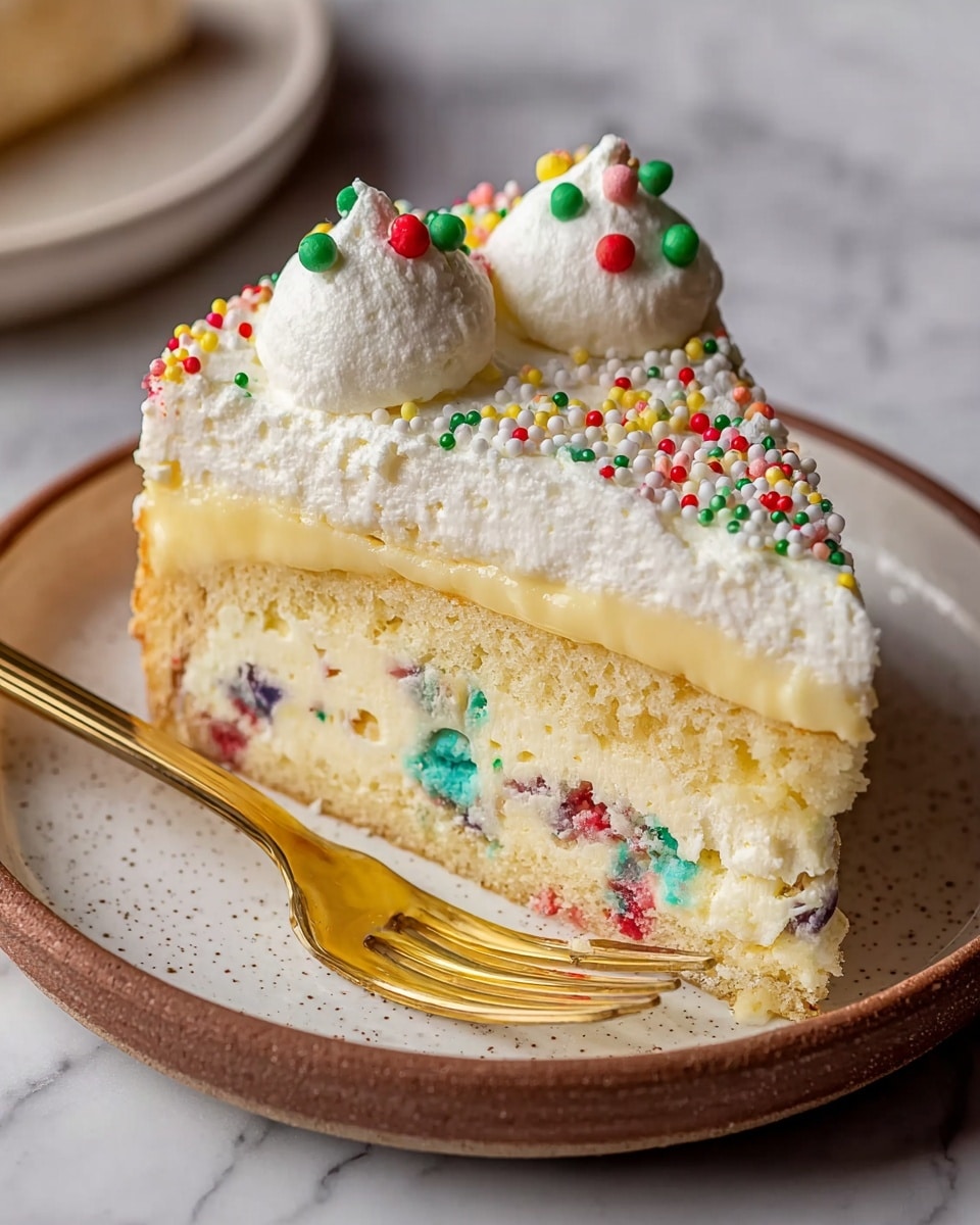 A slice of cake with three distinct layers sitting on a white plate with a brown rim. The bottom layer is a light yellow sponge with small red, blue, and purple pieces mixed into it. Above that is a thick layer of smooth, creamy yellow custard. The top layer is white whipped cream, decorated with colorful red, green, yellow, and white round sprinkles and three small peaks of whipped cream. Next to the cake slice is a golden fork, resting on the plate. The whole scene is set on a white marbled surface. photo taken with an iphone --ar 4:5 --v 7