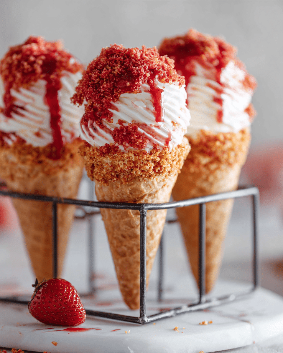 The image shows three waffle cones standing upright in a metal holder on a white marbled surface. Each cone has a crunchy light brown waffle base covered at the top with a thick, crumbly layer of red-colored crumbs. On top of the crumbs, there are two swirled layers of smooth white cream, with a small amount of bright red strawberry sauce dripping slightly down one side. A whole red strawberry is placed near the front cone on the white marbled surface. The background is light and soft, keeping the focus on the cones. photo taken with an iphone --ar 4:5 --v 7