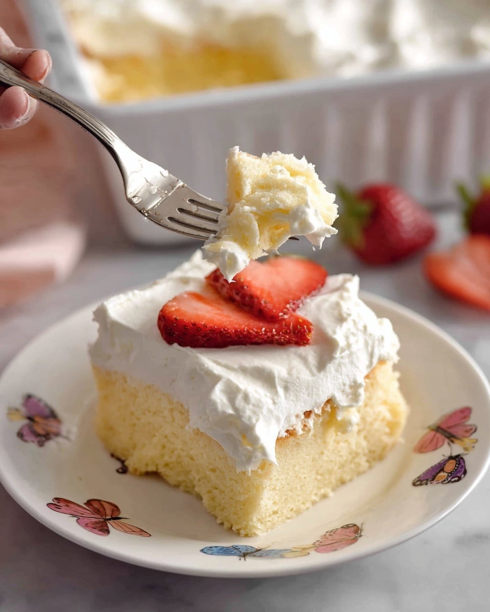 A square piece of light yellow, soft cake with a thick, smooth, white whipped cream layer on top sits on a white plate decorated with colorful butterflies. Two thin, red strawberry slices with visible seeds rest on the whipped cream in the center. A woman's hand holds a fork lifting a bite of the cake, showing its fluffy texture and whipped cream clinging to it. A white baking dish with more cake is blurred in the background. The scene is set on a white marbled surface. photo taken with an iphone --ar 4:5 --v 7
