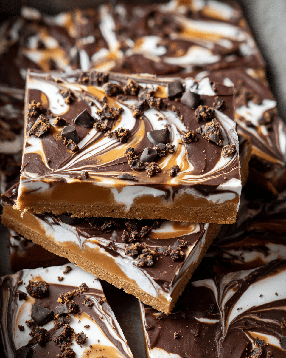 Several rectangular chocolate bark pieces are stacked inside a baking tray, each showing a three-layered mixture. The base layer is a thin, crumbly, light brown cookie crust, topped with a thick swirled layer of dark chocolate, white marshmallow, and caramel-colored peanut butter, creating a marbled pattern. The surface is scattered with small chocolate chips and crumbled chocolate cookie bits, adding texture. The close-up image emphasizes the smooth, glossy swirls and the rough texture of the toppings. Photo taken with an iphone --ar 4:5 --v 7