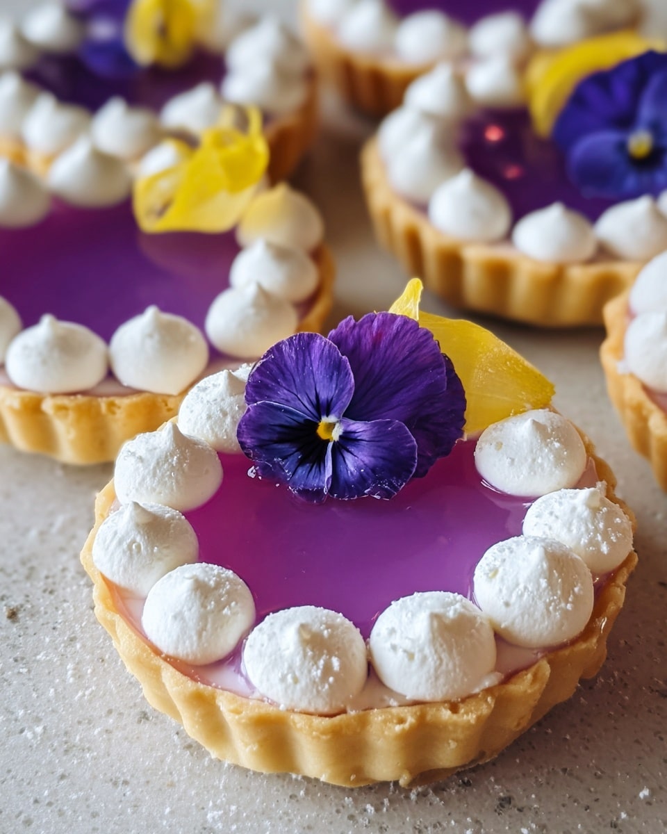 The image shows several small tartlets with three clear layers: the bottom layer is a light golden brown crust with slightly scalloped edges; the middle layer is smooth and shiny, filled with bright purple jelly or custard; the top layer is made of evenly spaced, round dollops of white whipped cream around the edge of each tartlet. Each tartlet is decorated with a small piece of yellow peel and a vibrant purple edible flower placed on top of the whipped cream, all set on a white marbled texture surface. photo taken with an iphone --ar 4:5 --v 7