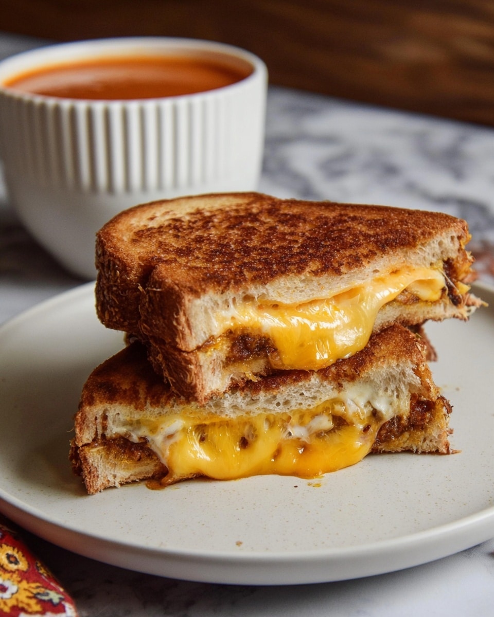 A grilled cheese sandwich is cut in half and stacked on a white plate, showing two layers of golden brown toasted bread with crispy texture and a middle layer of melted, bright yellow cheddar cheese oozing slightly out of the sides. The sandwich appears thick, with the cheese layer soft and gooey. In the background, there is a white ribbed ceramic cup filled with tomato soup. The whole scene is set on a white marbled texture surface. Woman's hand is not visible in the image. photo taken with an iphone --ar 4:5 --v 7
