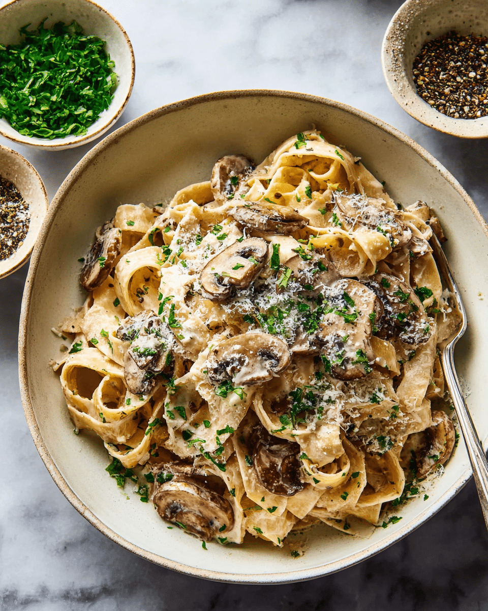 A close-up of a bowl of creamy mushroom pasta shows three layers: at the base are wide, flat fettuccine noodles with a pale beige color mixed with creamy sauce, topped with slices of browned mushrooms that add a slightly darker, rustic brown tone, and sprinkled with grated parmesan cheese and finely chopped green herbs evenly scattered over the dish. A silver fork is placed inside the pasta on the right side. The bowl is white and rests on a white marbled surface. In the background, two small white bowls hold a green herb and cracked black pepper. Photo taken with an iphone --ar 4:5 --v 7