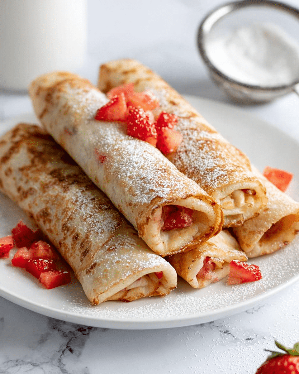 The image shows four rolled crepes stacked on a white plate with a few small diced red strawberries on top and around. The crepes have a golden-brown texture with some darker spots, looking crisp on the edges and soft in the middle. The crepes are lightly dusted with powdered sugar, adding a fine white layer on top. The background has a white marbled texture, and there is a strainer filled with powdered sugar on the right side. Photo taken with an iphone --ar 4:5 --v 7