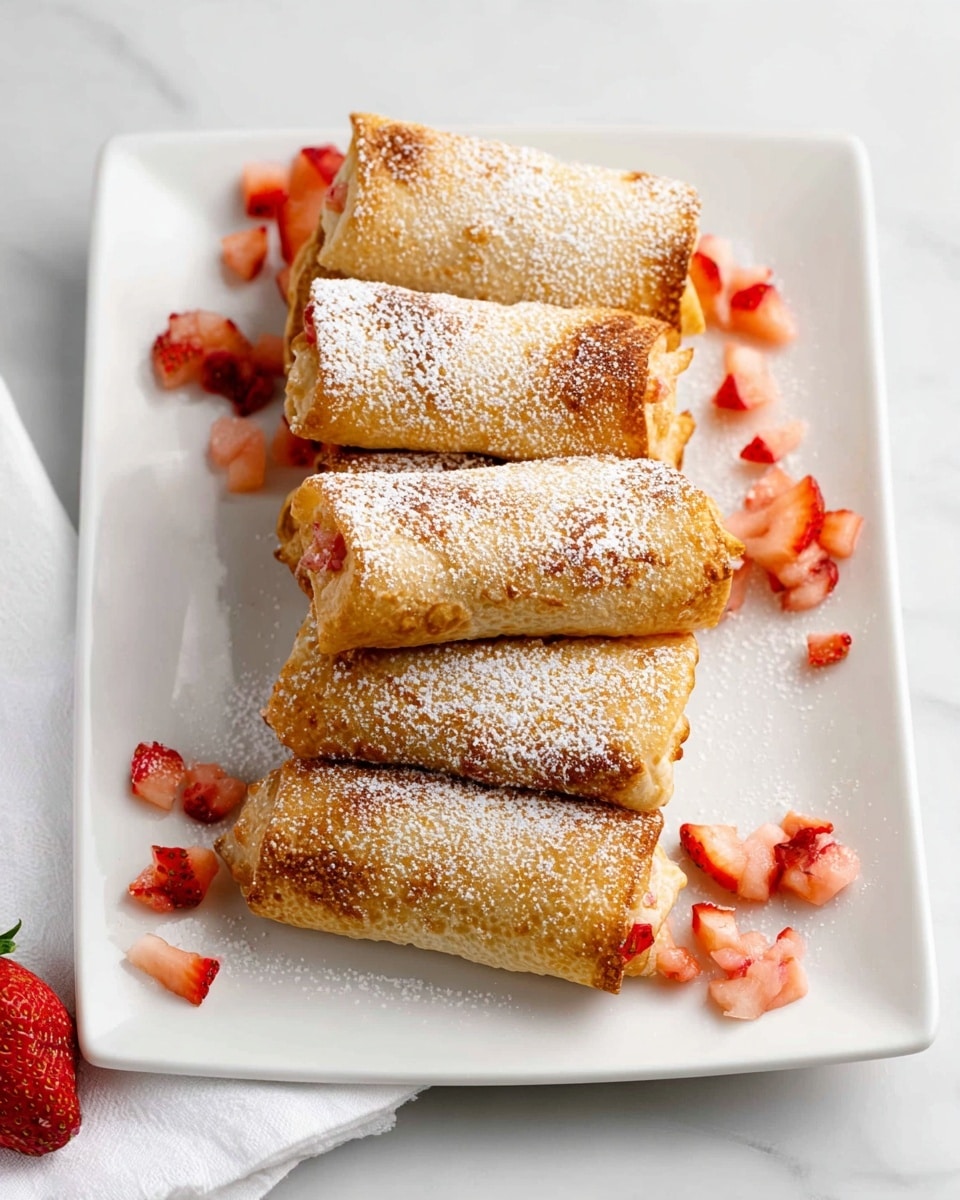 A white rectangular plate is stacked with six golden-brown, crispy rolls, each dusted with a fine layer of powdered sugar. The rolls have a slightly uneven surface with some darker browned spots and a soft, flaky texture. Small pieces of diced red strawberries are scattered around and lightly tucked under the rolls, adding a pop of bright color. The plate is set on a white marbled surface with a white cloth napkin nearby, creating a clean and bright setting. Photo taken with an iphone --ar 4:5 --v 7