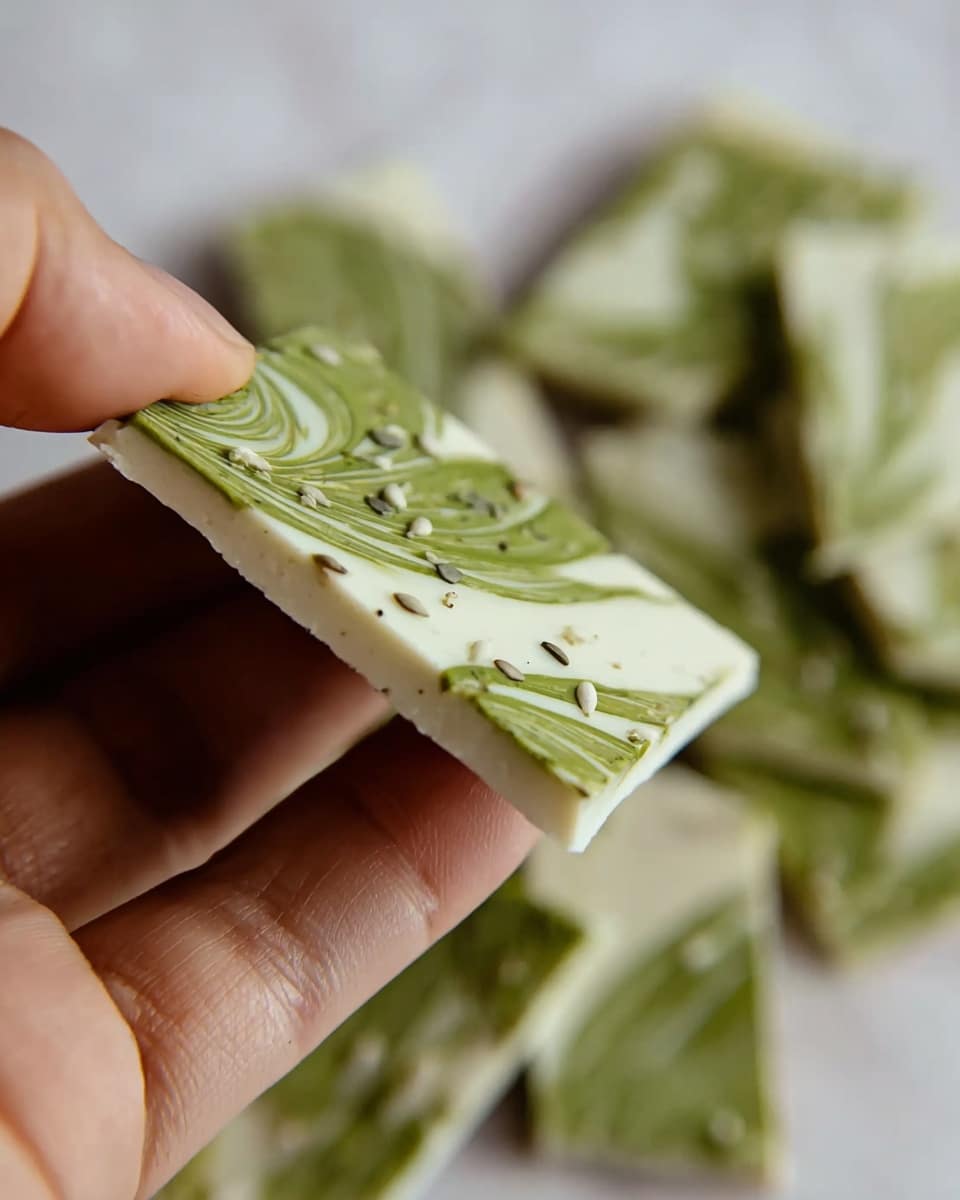 A close-up shows a woman's hand holding a thin, flat piece of white and green bark chocolate sprinkled with small seeds, likely sesame. The chocolate has two layers: a bottom white base and a top layer with a green leafy or matcha swirl pattern. More scattered pieces of the same chocolate are blurred in the white marbled background below. The texture appears smooth with slight graininess from the seeds. Photo taken with an iphone --ar 4:5 --v 7
