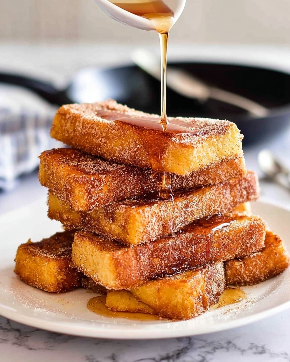 A stack of eight thick, golden brown French toast sticks coated with cinnamon sugar rests on a white plate. The toast sticks are arranged in a tower with three pieces on the bottom layer, supporting the layers above. A clear, amber syrup is being poured from a white container onto the top toast, glistening as it drips down the sides. The plate is placed on a white marbled surface, with an out-of-focus black skillet and spoon in the background. photo taken with an iphone --ar 4:5 --v 7
